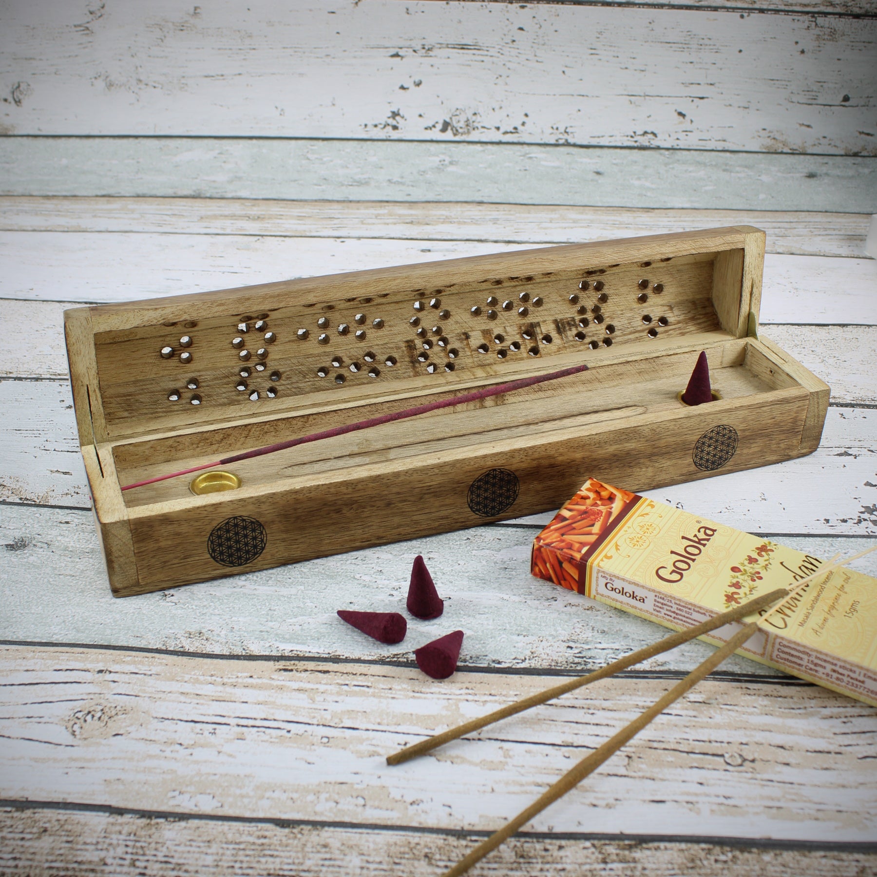 Blume des Lebens Räucherstäbchenhalter aus Holz für Räucherstäbchen & Räucherkegel