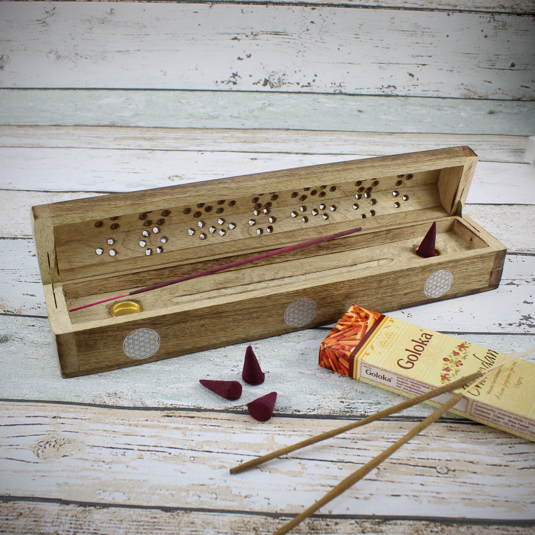 Blume des Lebens Räucherstäbchenhalter aus Holz für Räucherstäbchen & Räucherkegel Budawi Räucherbox