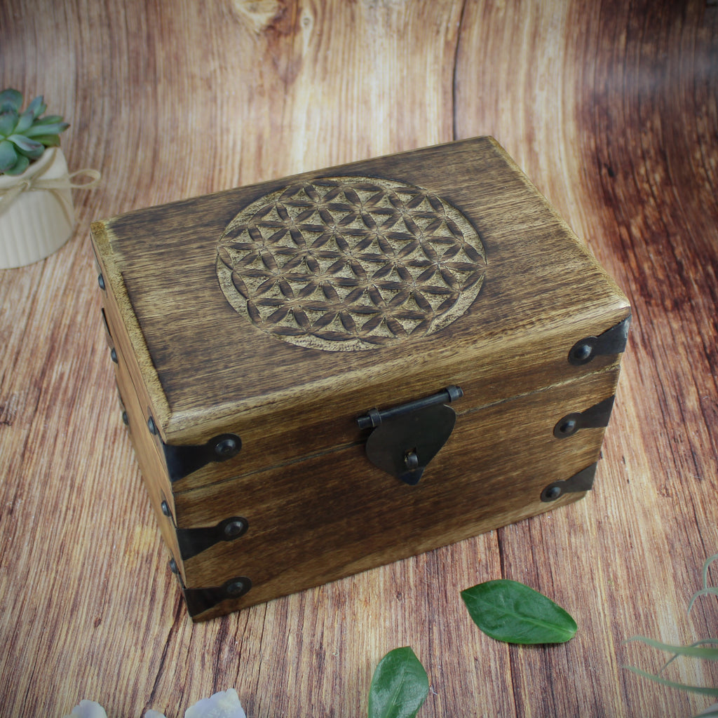 Holztruhe Holzkiste Holzbox aus Mangoholz Motiv Blume des Lebens groß