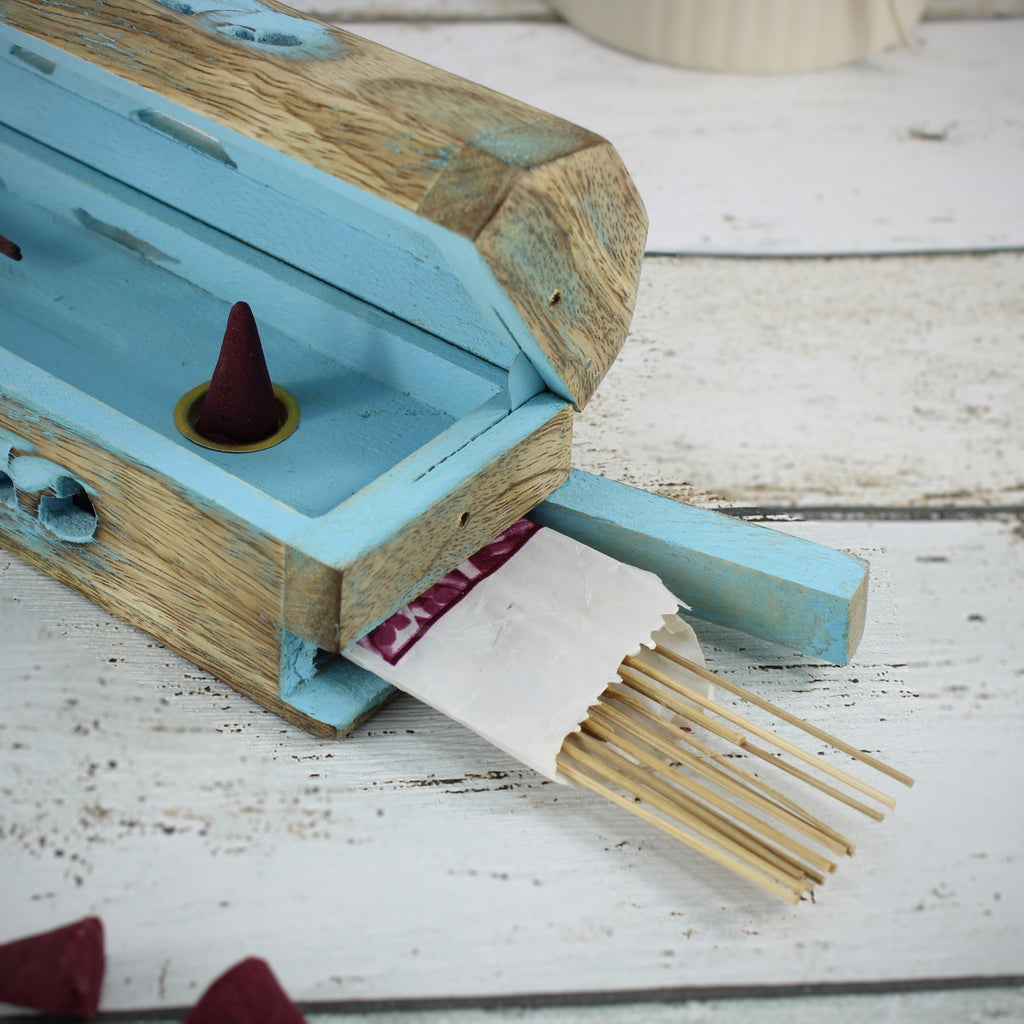 Räucherstäbchenhalter Halter aus Holz für Räucherstäbchen & Räucherkegel blau