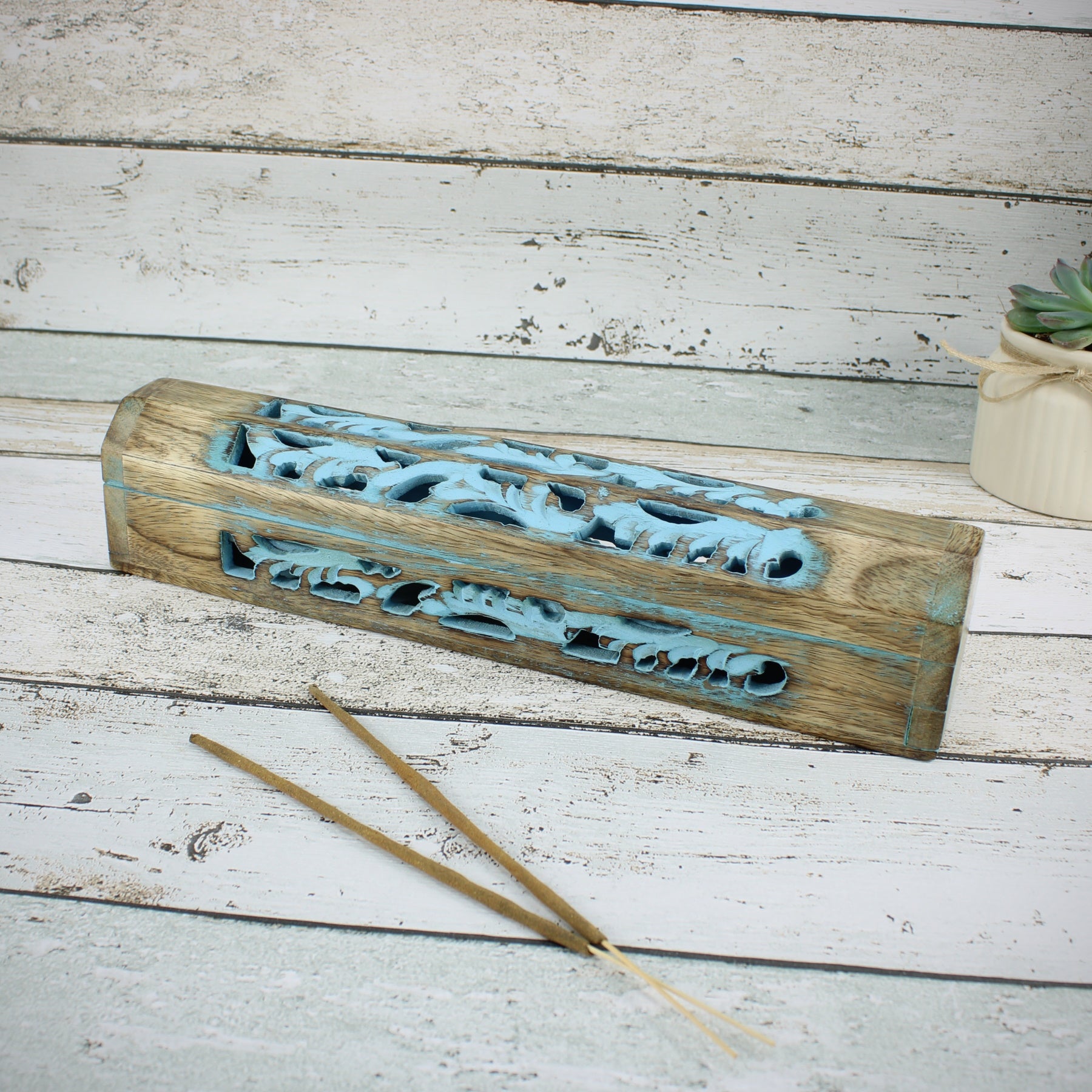 Räucherstäbchenhalter Halter aus Holz für Räucherstäbchen & Räucherkegel blau