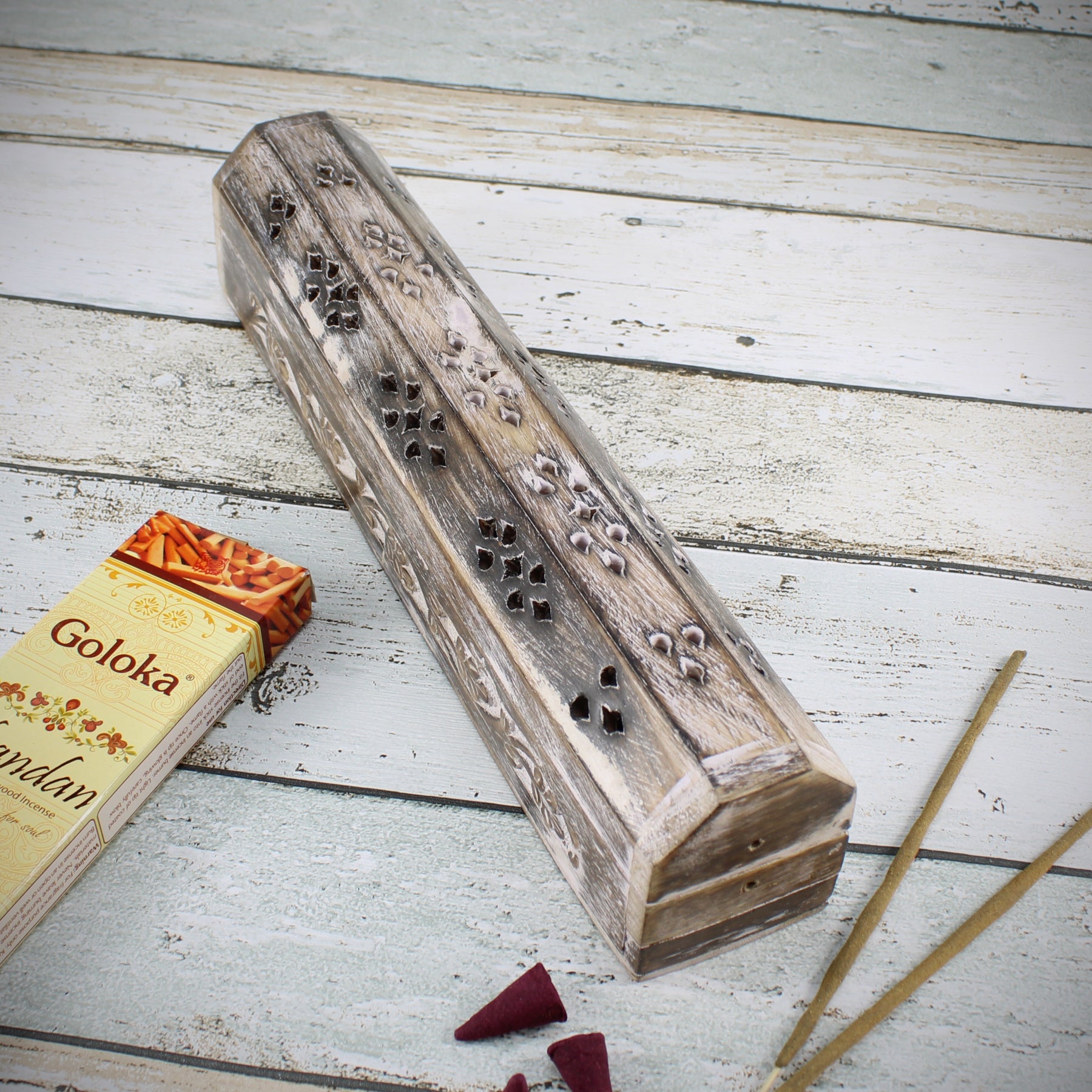 Räucherstäbchenhalter Räucherbox Kegelhalter aus Holz für Räucherstäbchen & Räucherkegel Blumenornament