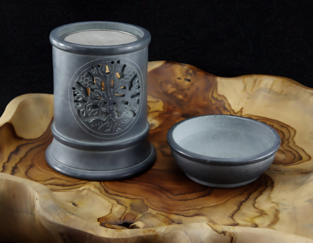 Aroma Duftlampe aus Speckstein mit Schale und Sieb grau Baum des Lebens Räucherstövchen