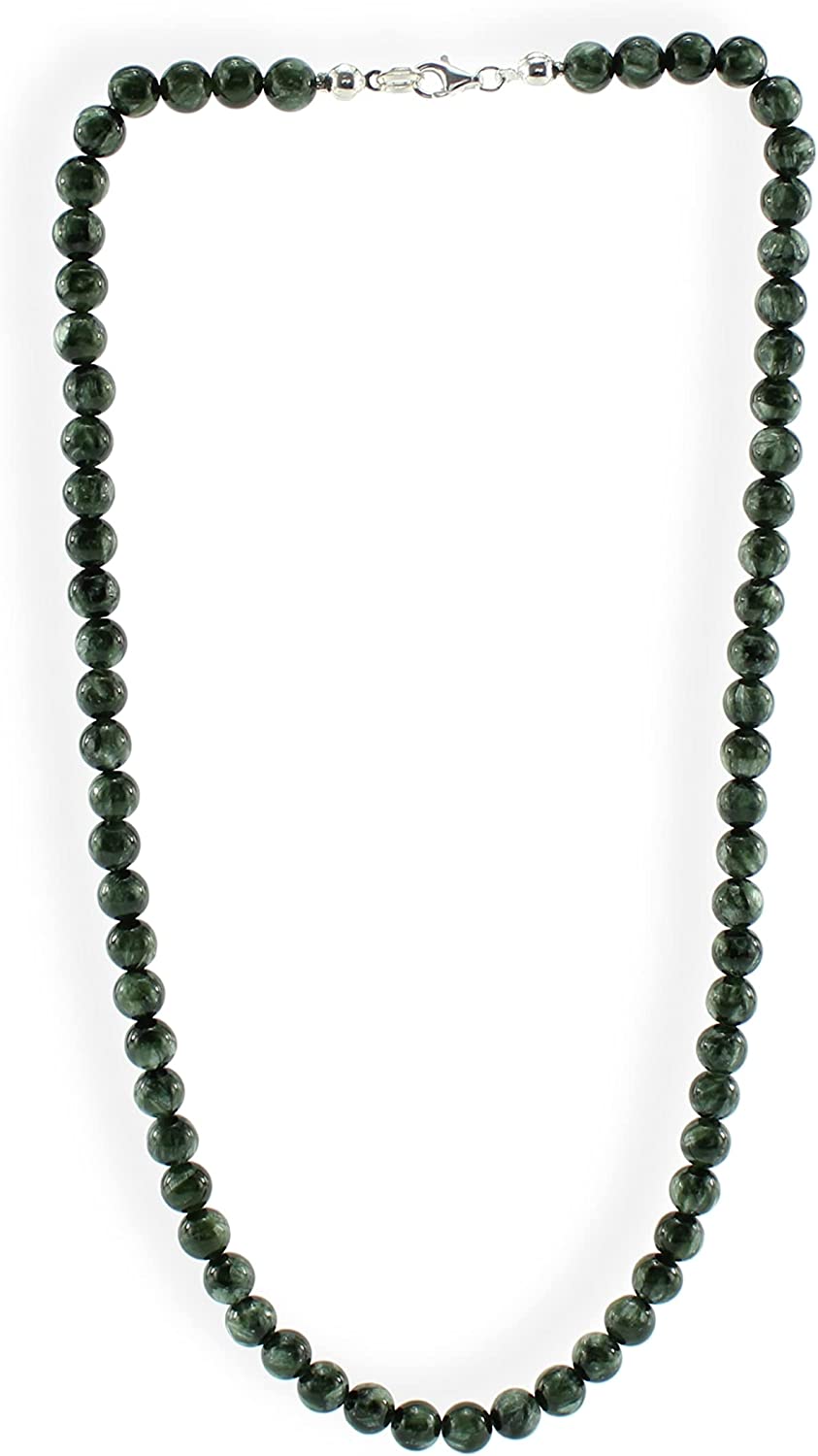 Seraphinit Kette Halskette Perlenkette 925er Silber Verschluss 45 cm Stein Trommelstein Kugelkette Halskette Buttonkette Collier Halsschmuck Kettenschmuck Edelstein Heilstein Edelsteinkette Heilsteinkette Schmuck Rohstein Rohstück Glücksstein Schutzstein