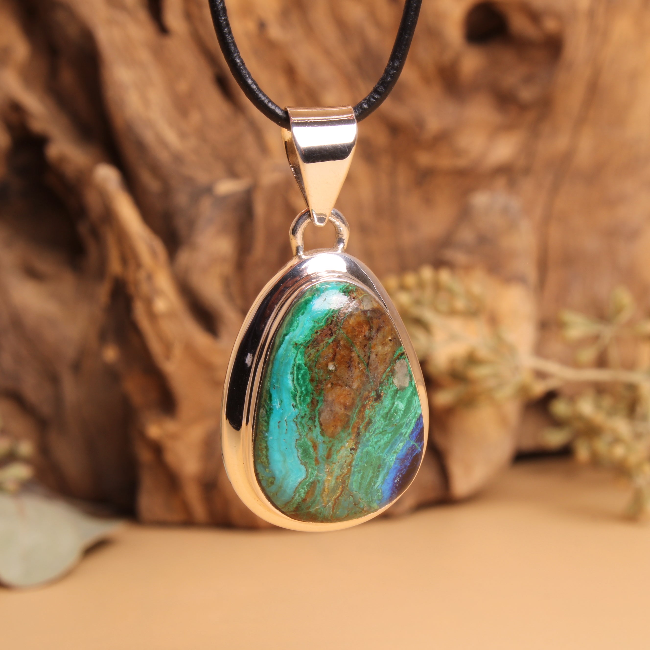 Azurit-Chrysokoll-Malachit Anhänger 925 Silber – Multicolor Blau-Grün-Türkis, Front-Detail