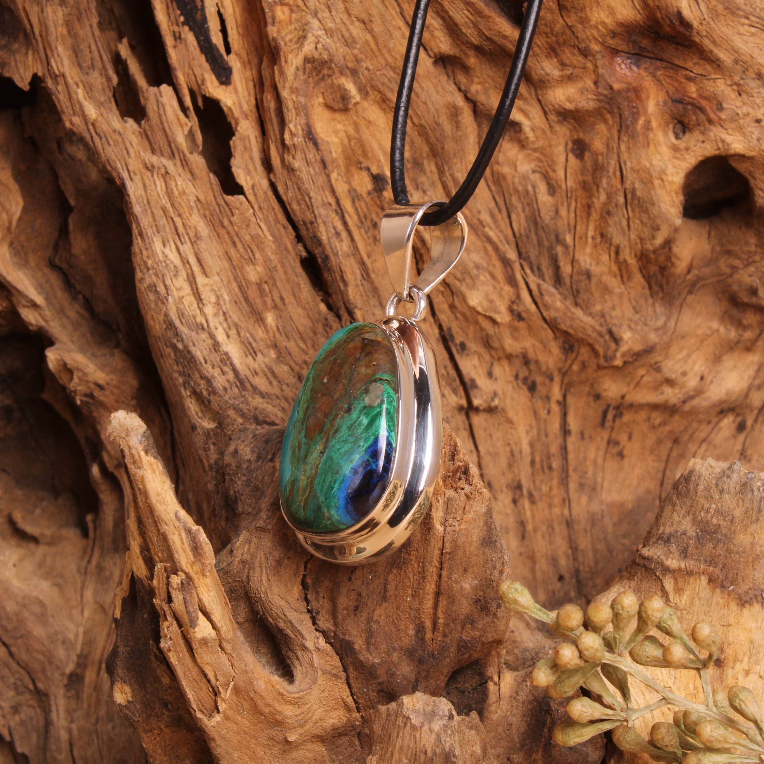 Azurit-Chrysokoll-Malachit Seitenansicht – 925 Sterling Silber Öse
