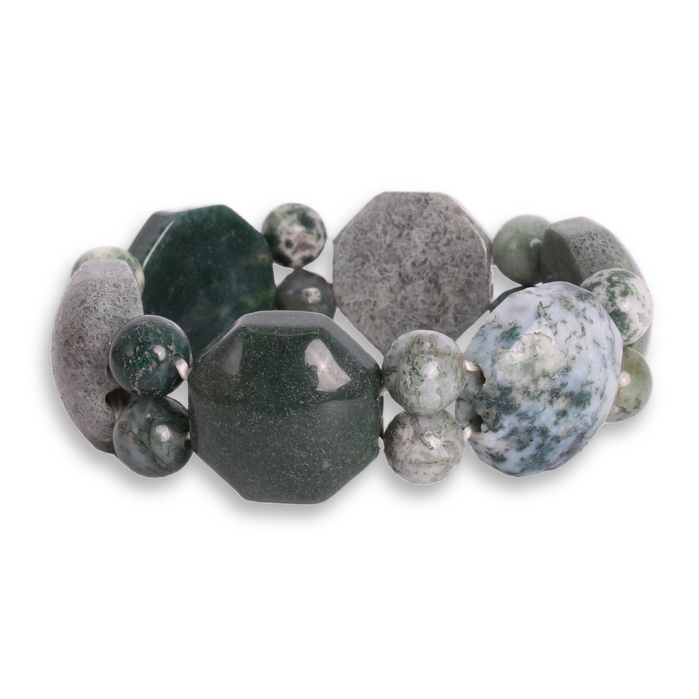 Moosachat Armband – grüne Natursteinperlen + Oktogon, elastisch, Vorderansicht