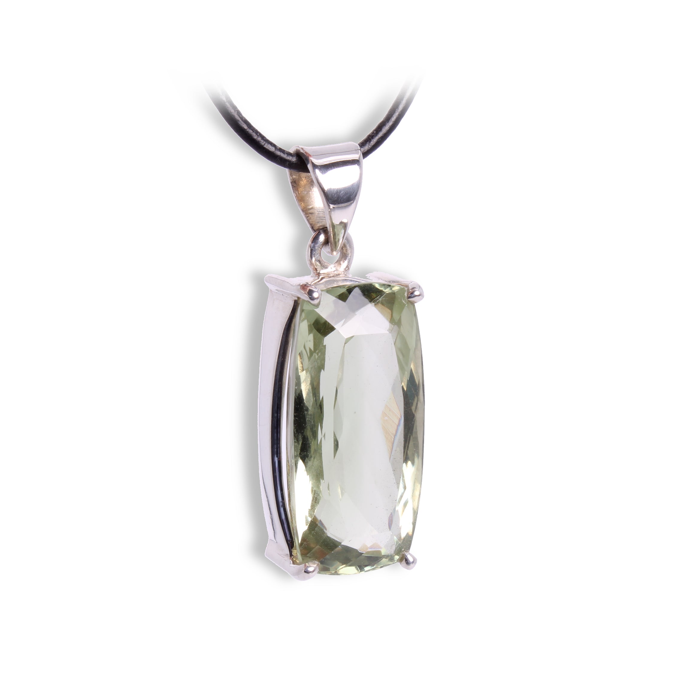 Prasiolith Anhänger – 925 Silber Krappenfassung, grüner Amethyst, Vorderansicht