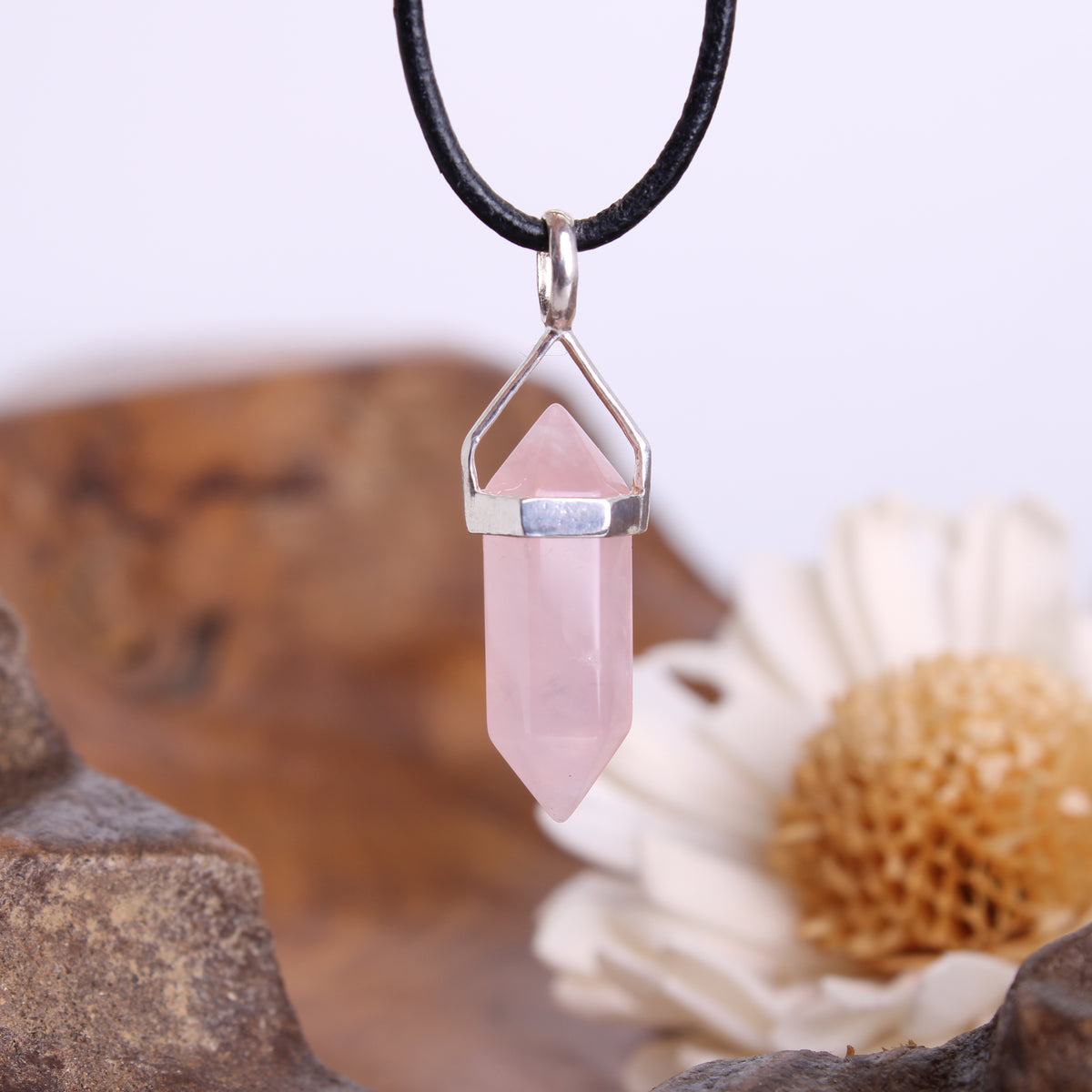 Rosenquarz Doppelender Anhänger 925 Silber – zart rosa Kristall mit Lederband