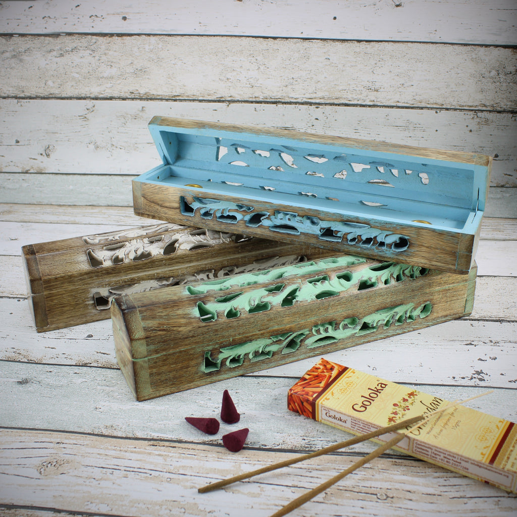 Räucherstäbchenhalter Halter aus Holz für Räucherstäbchen & Räucherkegel blau