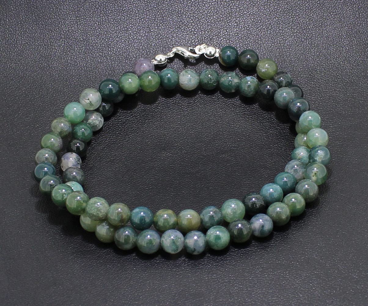 Halskette Kette aus Moosachat Stein Trommelstein Kugelkette Edelsteinkette Collier Edelstein Heilstein Halsschmuck Schmuckkette Anhänger Schmuckanhänger Heilsteinkette Perlen Kugel Moosachatstein Moosachatschmuck Moosachatkette