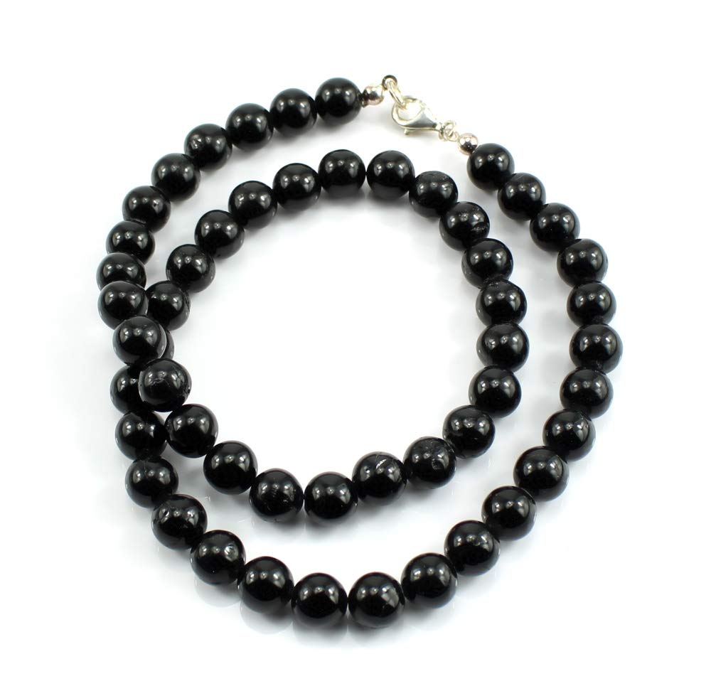 Schörl schwarzer Turmalin Stein Trommelstein Anhänger Trommelsteinanhänger Perlenkette Kugelkette Collier Buttonkette Edelstein Heilstein Halsschmuck Schmuck Schmuckstein Schmuckkette schwarze Turmalinkette Turmalinschmuck Turmalincollier schwarze Turmalinspitze