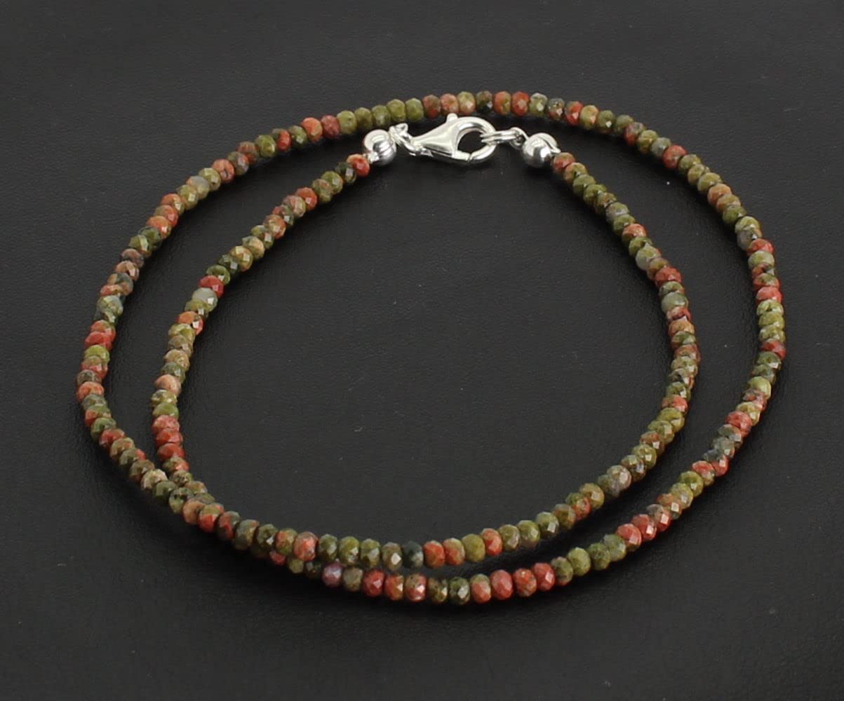 Halskette Kette aus Unakit Epidot Stein Trommelstein Anhänger Kugelkette Edelsteinkette Collier Edelstein Heilstein Halsschmuck Schmuckkette Schmuckanhänger Heilsteinkette Perlen Kugel Unakitkette Unakitschmuck Unakitstein