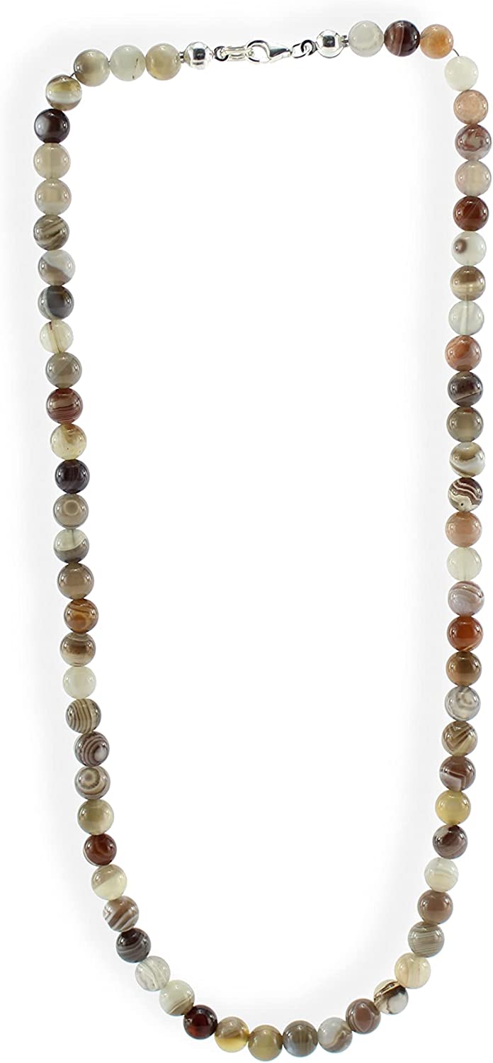 Botswana Achat Kette Halskette Perlenkette 925er Silber Verschluss 45 cm Stein Trommelstein Kugelkette Halskette Buttonkette Collier Halsschmuck Kettenschmuck Edelstein Heilstein Edelsteinkette Heilsteinkette Schmuck Rohstein Rohstück Glücksstein Schutzstein