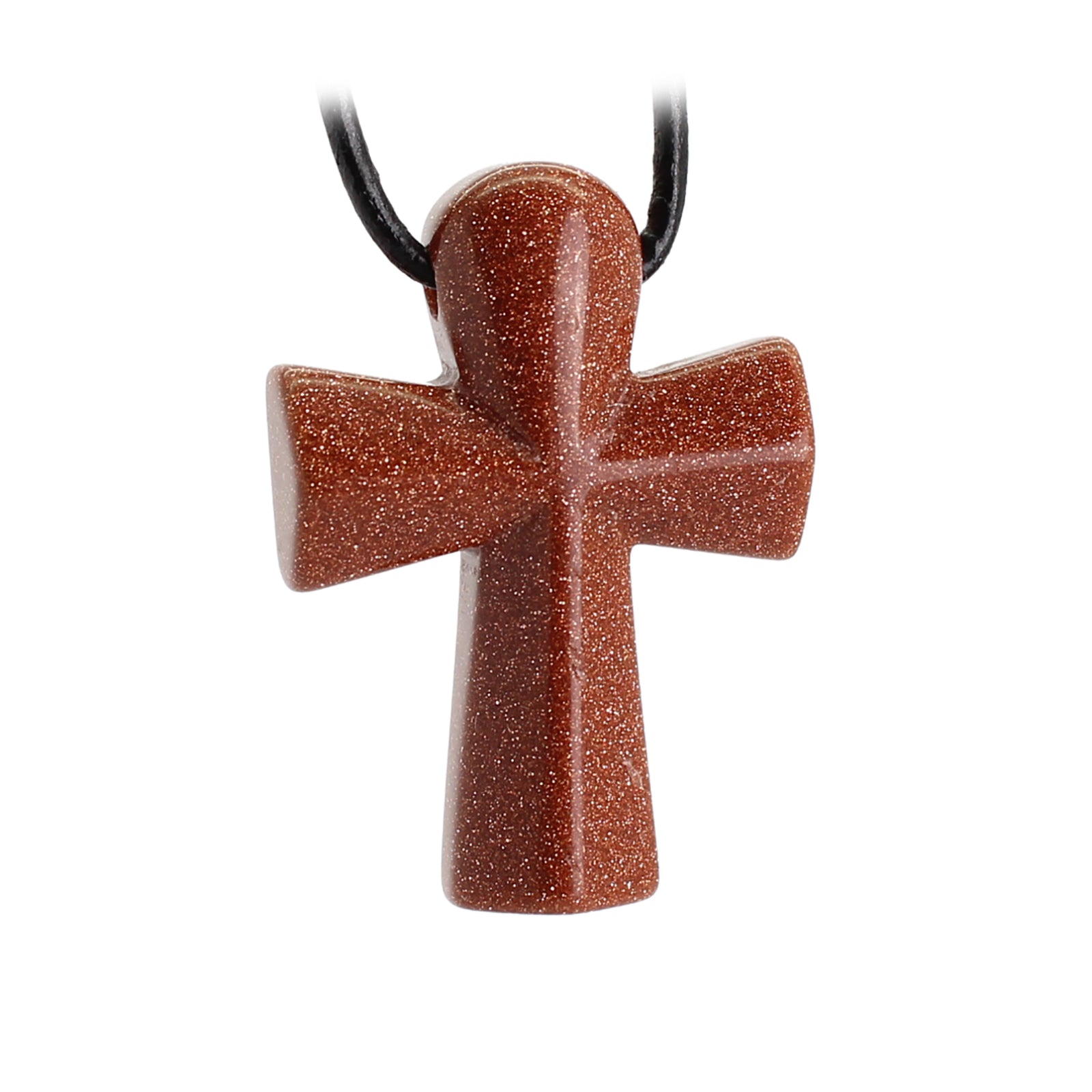 Goldfluss Anhänger Ankh Kreuz Seefahrerkreuz mit Lederband Halskettenanhänger Kettenschmuck Trommelstein Edelsteindonut Heilsteindonut Donutanhänger Edelstein Heilstein Lochstein Naturstein Rohstein Rohstück Schmuckanhänger Schmuckstein Halsschmuck Glücksstein Schutzstein