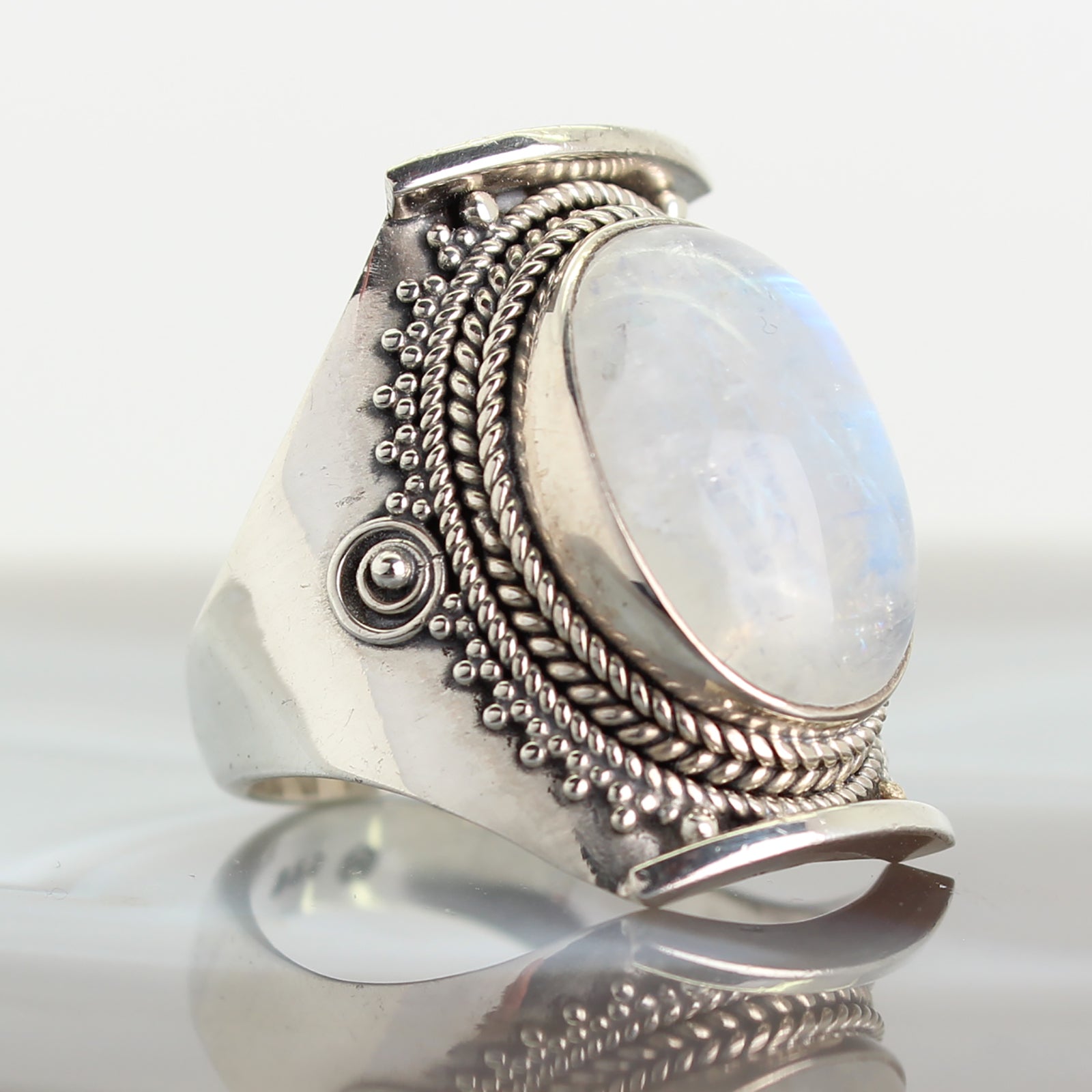 Regenbogenmondstein Ring Fingerring 925er Silber Größe 61 Damenring Fingerschmuck Stein Trommelstein Anhänger Edelstein Heilstein Schmuckstein Silber Schmuck Schutzstein Glücksstein Rohstein Rohstück