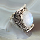 Regenbogenmondstein Ring Fingerring 925er Silber Größe 61 Damenring Fingerschmuck Stein Trommelstein Anhänger Edelstein Heilstein Schmuckstein Silber Schmuck Schutzstein Glücksstein Rohstein Rohstück