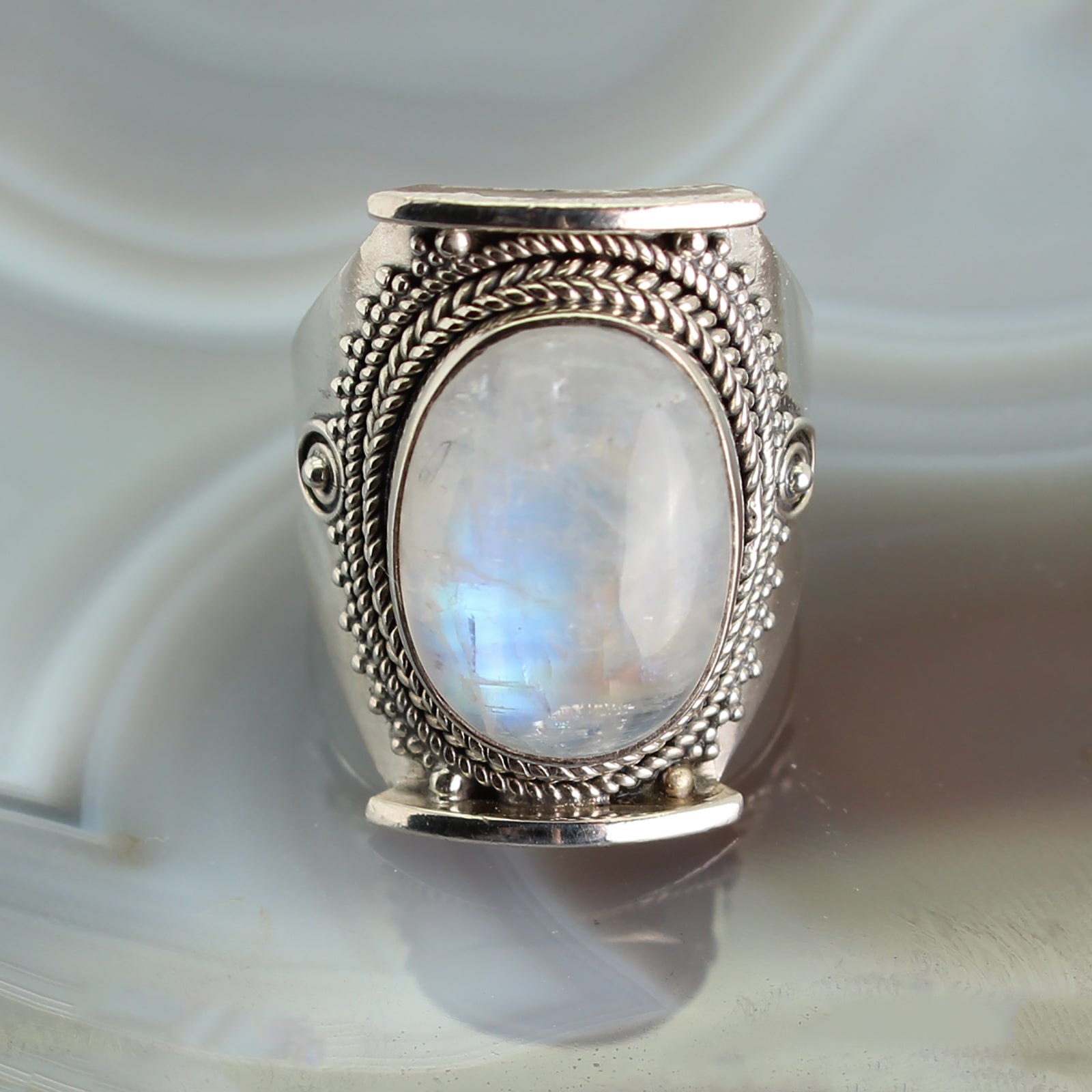 Regenbogenmondstein Ring Fingerring 925er Silber Größe 61 Damenring Fingerschmuck Stein Trommelstein Anhänger Edelstein Heilstein Schmuckstein Silber Schmuck Schutzstein Glücksstein Rohstein Rohstück