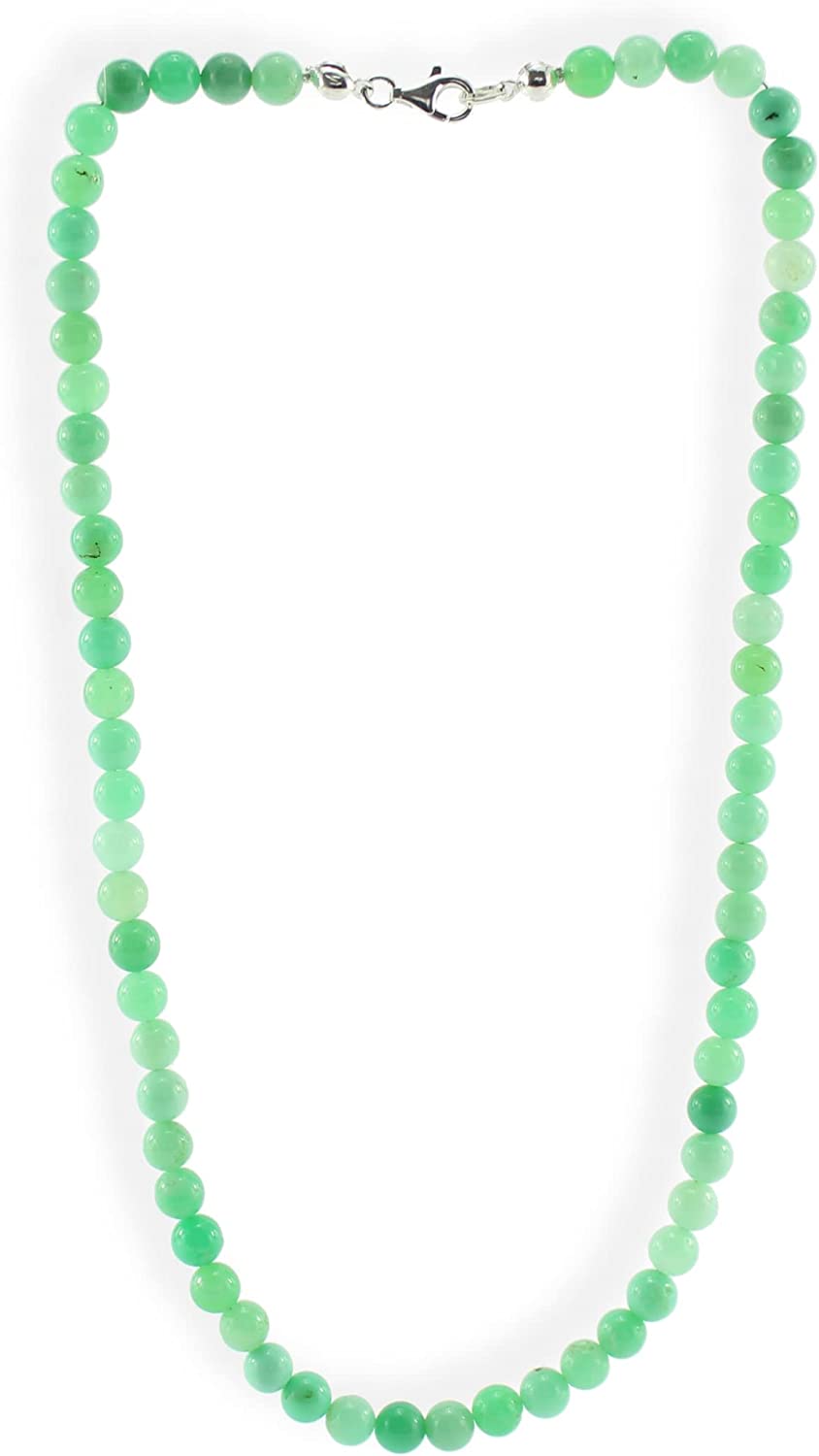 Chrysopras Kette Halskette Perlenkette 925er Silber Verschluss 45 cm Stein Trommelstein Kugelkette Halskette Buttonkette Collier Halsschmuck Kettenschmuck Edelstein Heilstein Edelsteinkette Heilsteinkette Schmuck Rohstein Rohstück Glücksstein Schutzstein