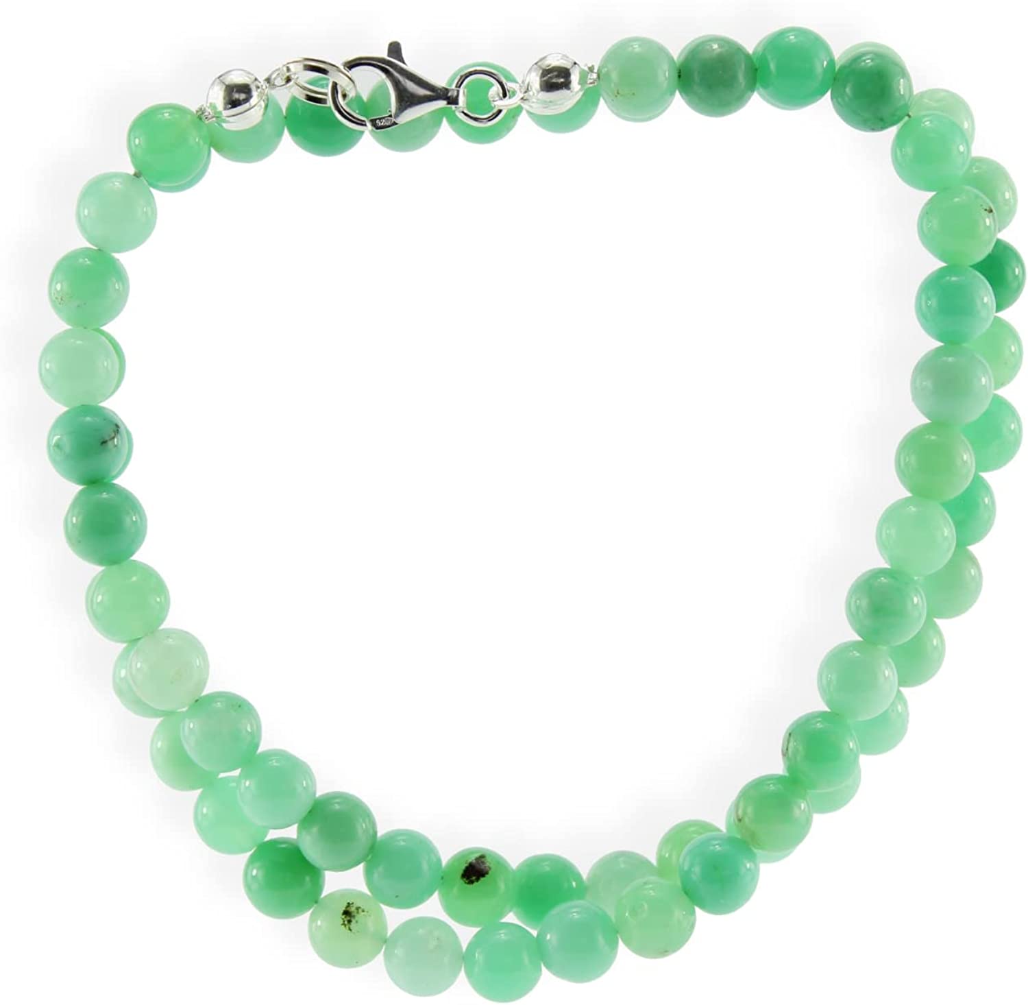 Chrysopras Kette Halskette Perlenkette 925er Silber Verschluss 45 cm Stein Trommelstein Kugelkette Halskette Buttonkette Collier Halsschmuck Kettenschmuck Edelstein Heilstein Edelsteinkette Heilsteinkette Schmuck Rohstein Rohstück Glücksstein Schutzstein