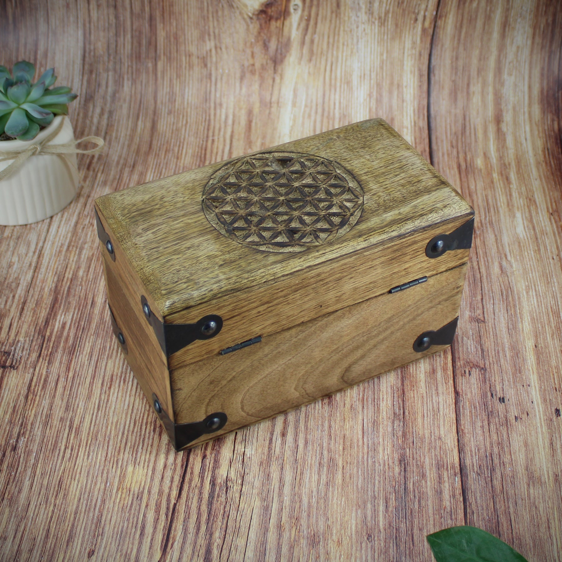 Holztruhe Holzkiste Holzbox aus Mangoholz Motiv Blume des Lebens klein Schachtel Schatulle