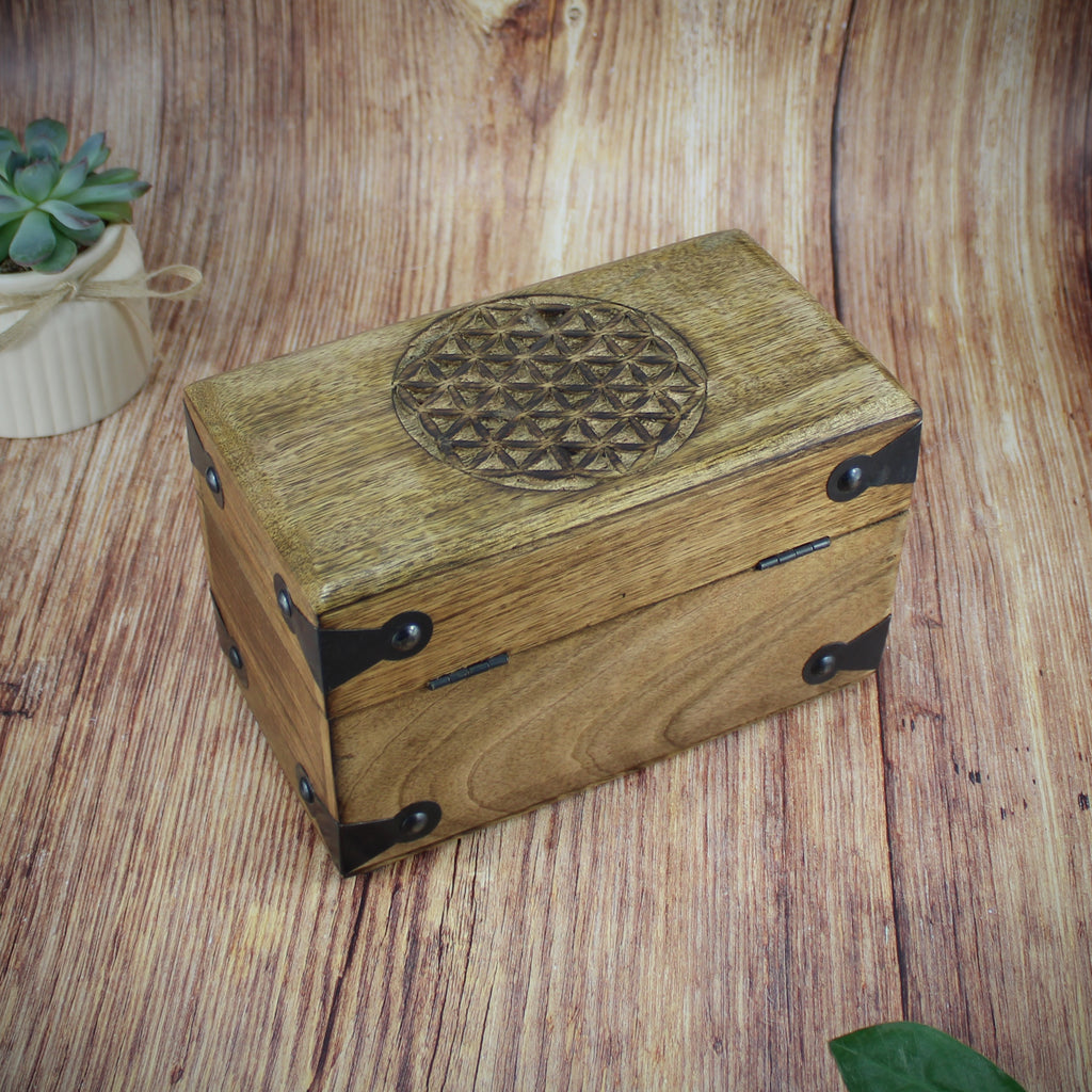Holztruhe Holzkiste Holzbox aus Mangoholz Motiv Blume des Lebens klein Schachtel Schatulle