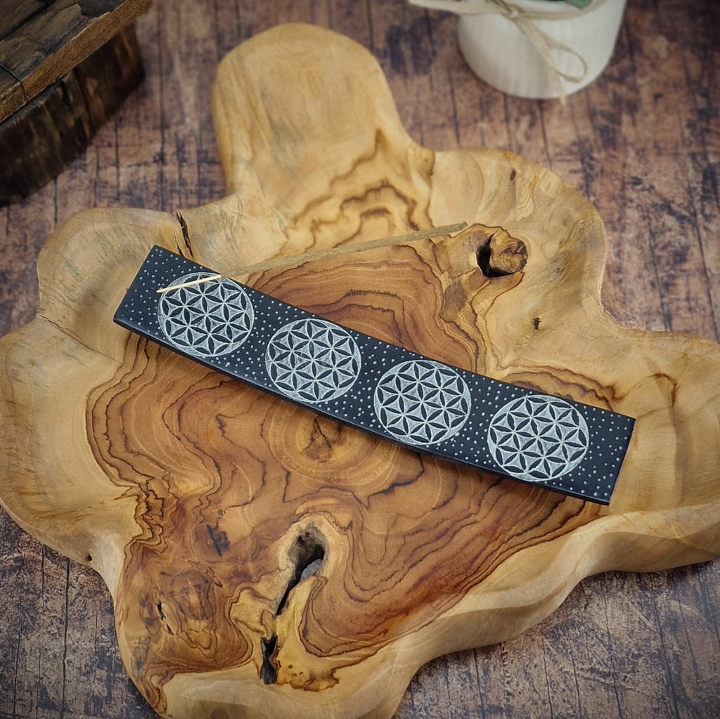 Räucherstäbchenhalter Blume des Lebens Speckstein Schwarz