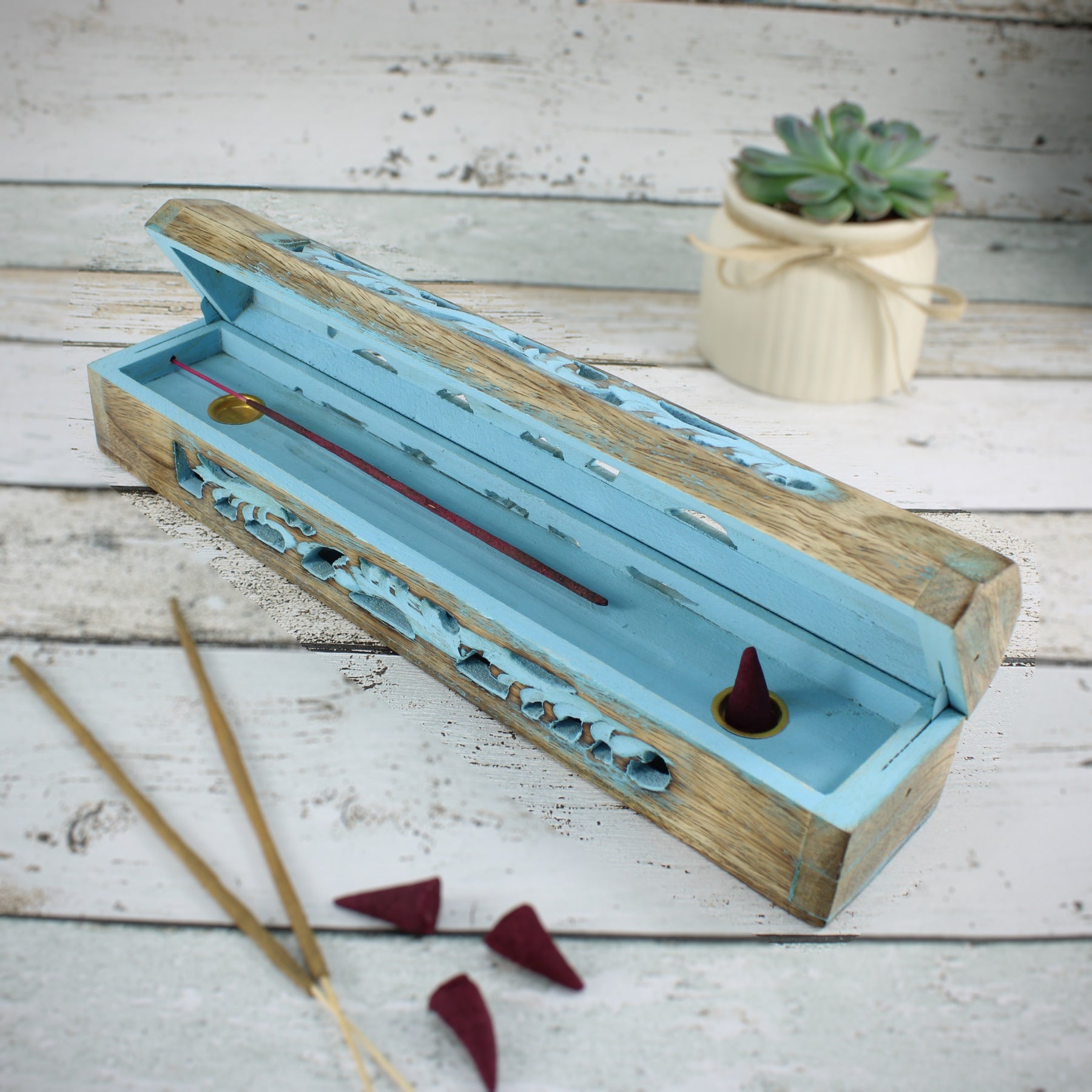 Räucherstäbchenhalter Halter aus Holz für Räucherstäbchen & Räucherkegel blau