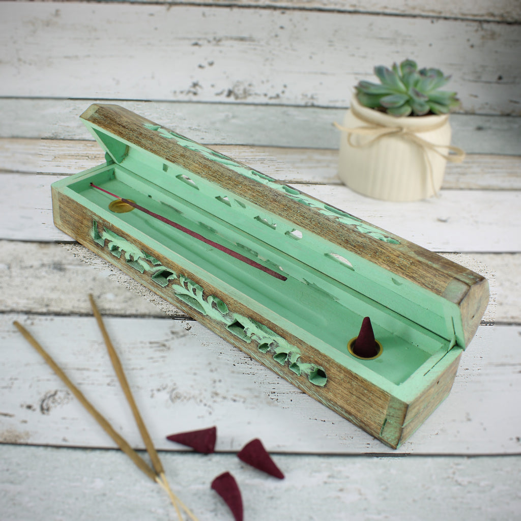 Räucherstäbchenhalter Halter aus Holz für Räucherstäbchen & Räucherkegel grün