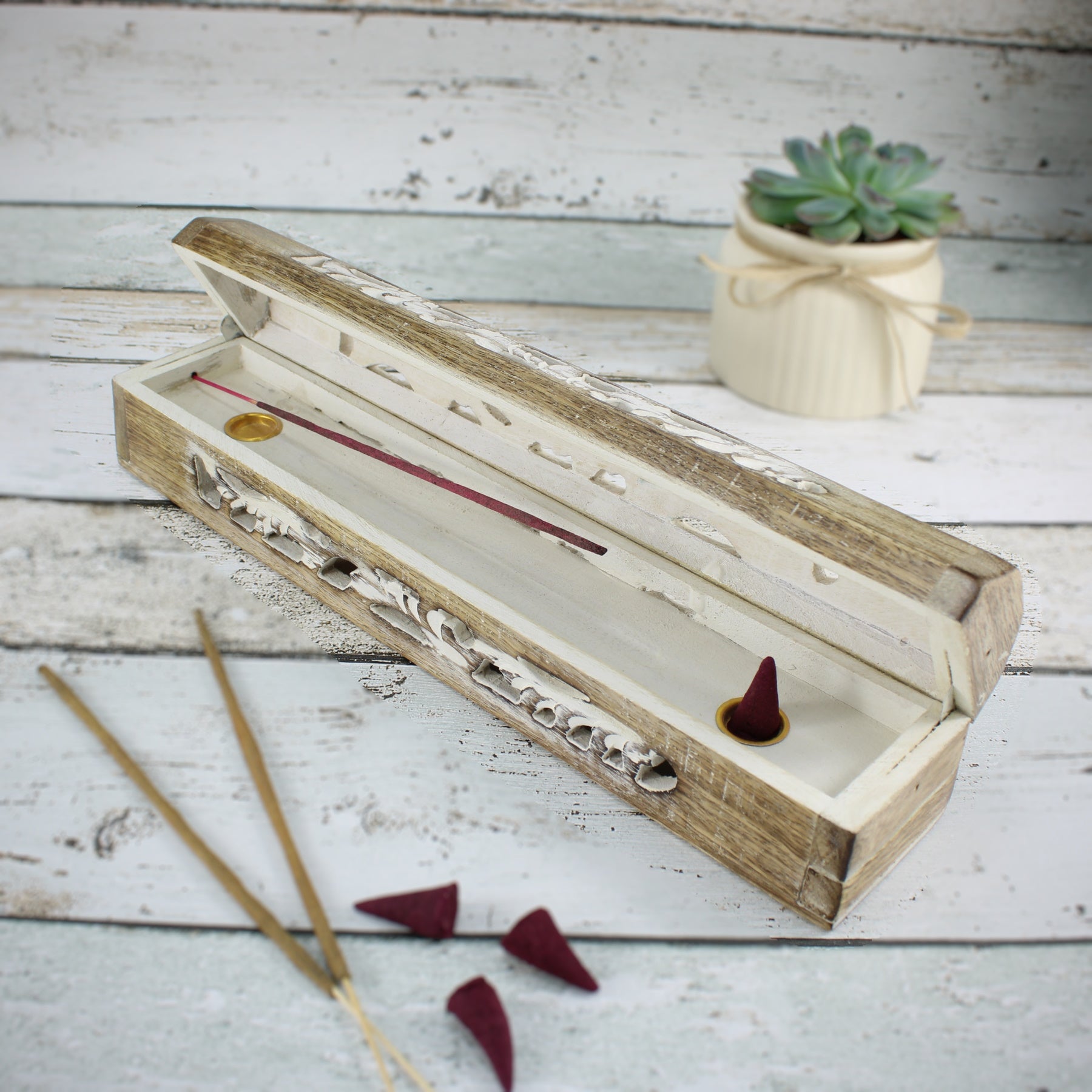 Räucherstäbchenhalter Halter aus Holz für Räucherstäbchen & Räucherkegel weiß