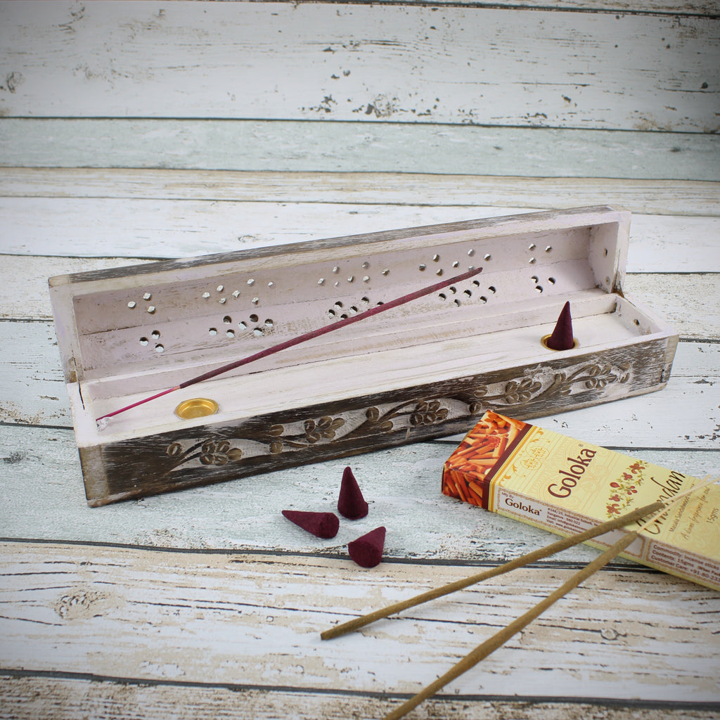 Räucherstäbchenhalter Räucherbox Kegelhalter aus Holz für Räucherstäbchen & Räucherkegel Blumenornament