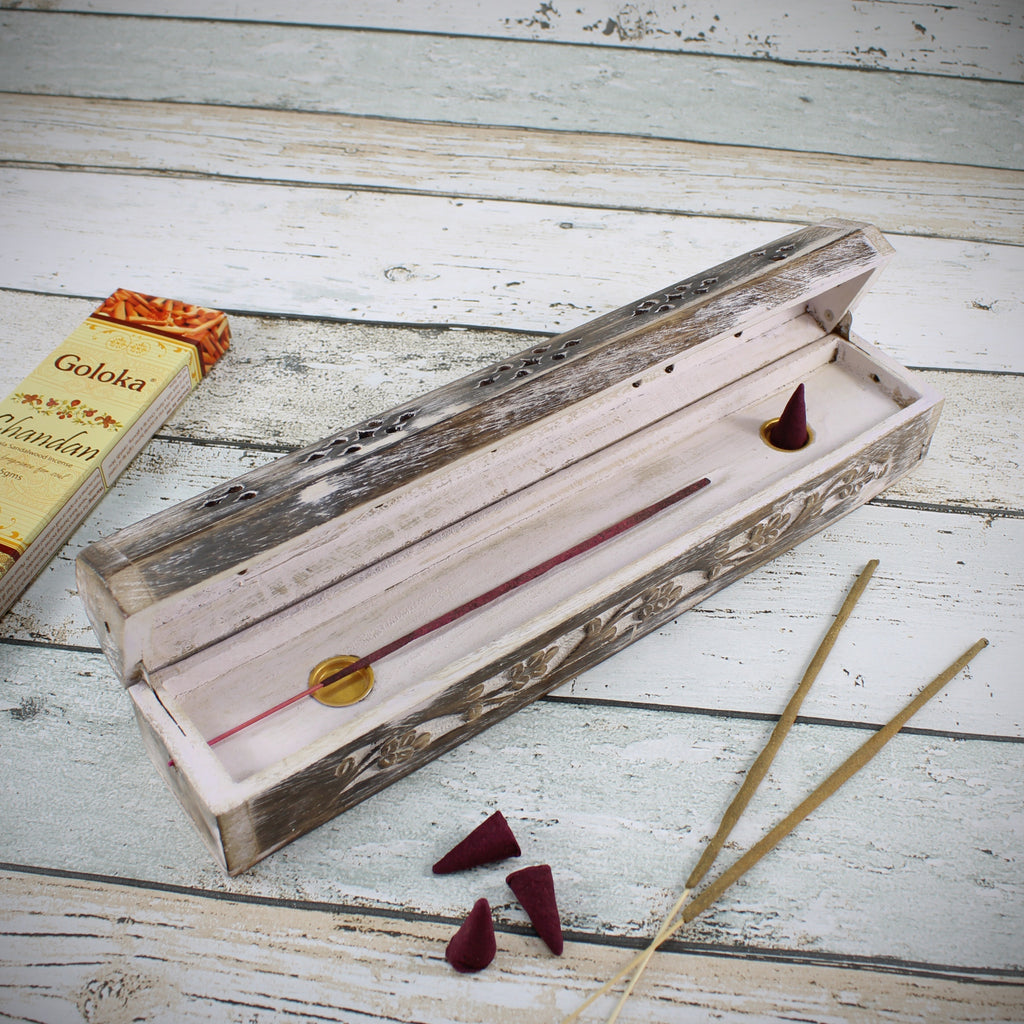Räucherstäbchenhalter Räucherbox Kegelhalter aus Holz für Räucherstäbchen & Räucherkegel Blumenornament