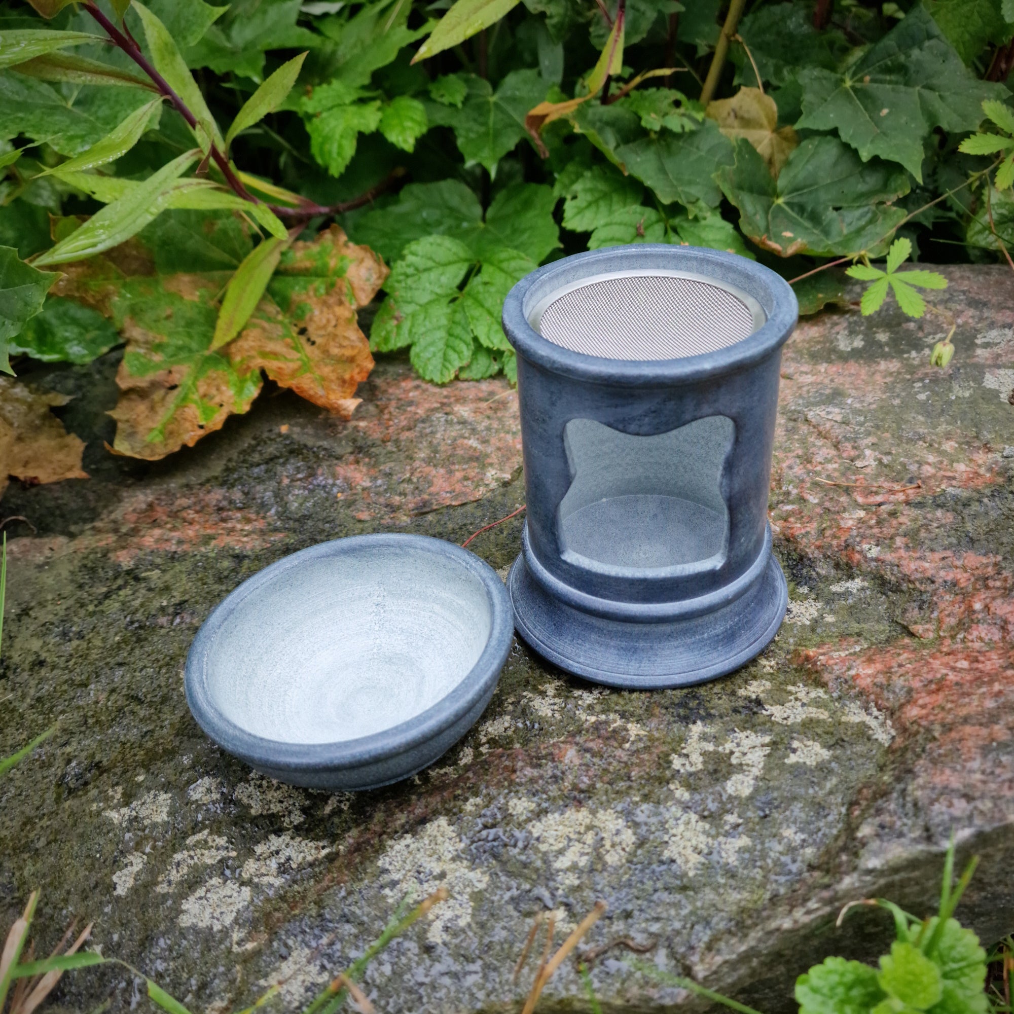 Aroma Duftlampe aus Speckstein mit Schale und Sieb grau Baum des Lebens Räucherstövchen