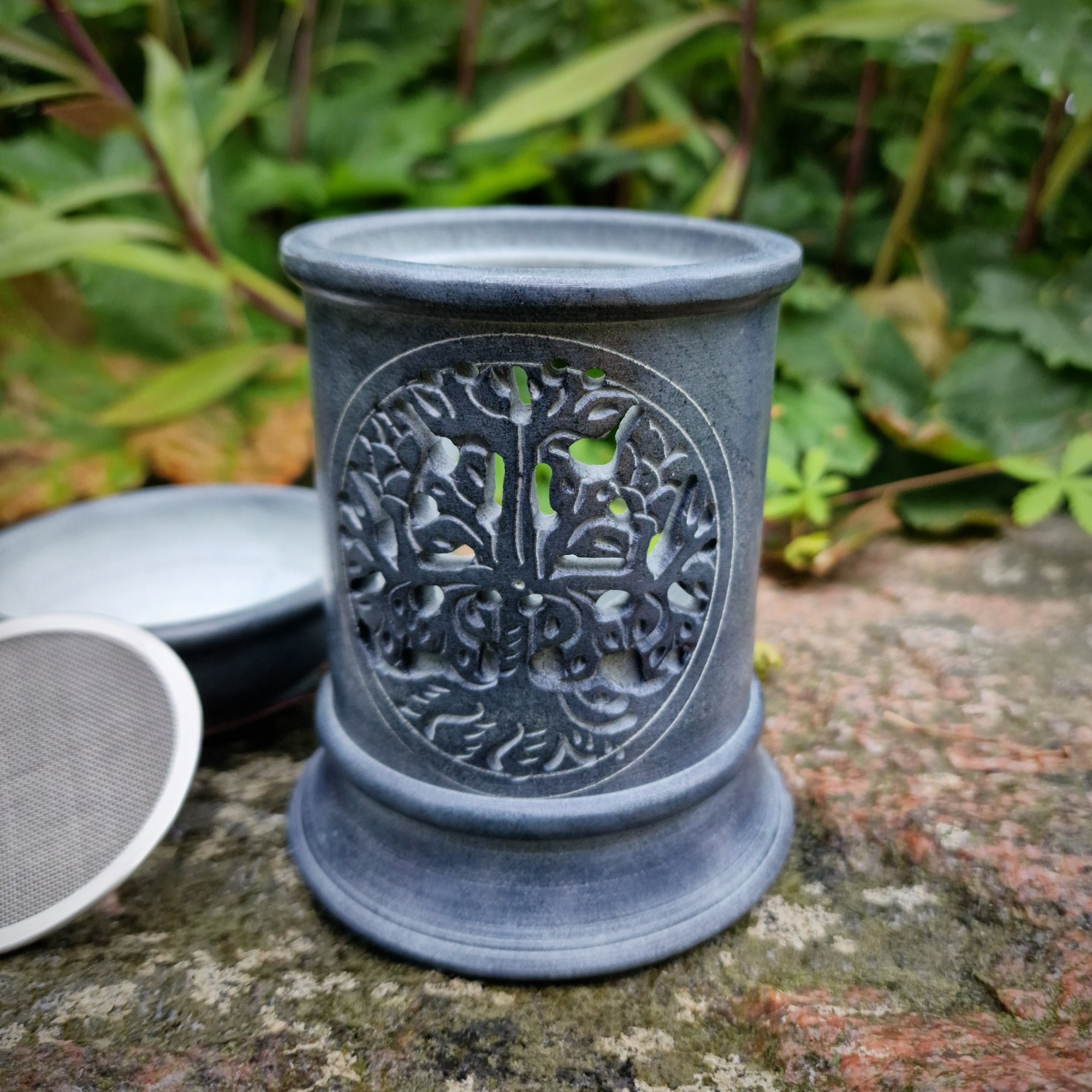 Aroma Duftlampe aus Speckstein mit Schale und Sieb grau Baum des Lebens Räucherstövchen
