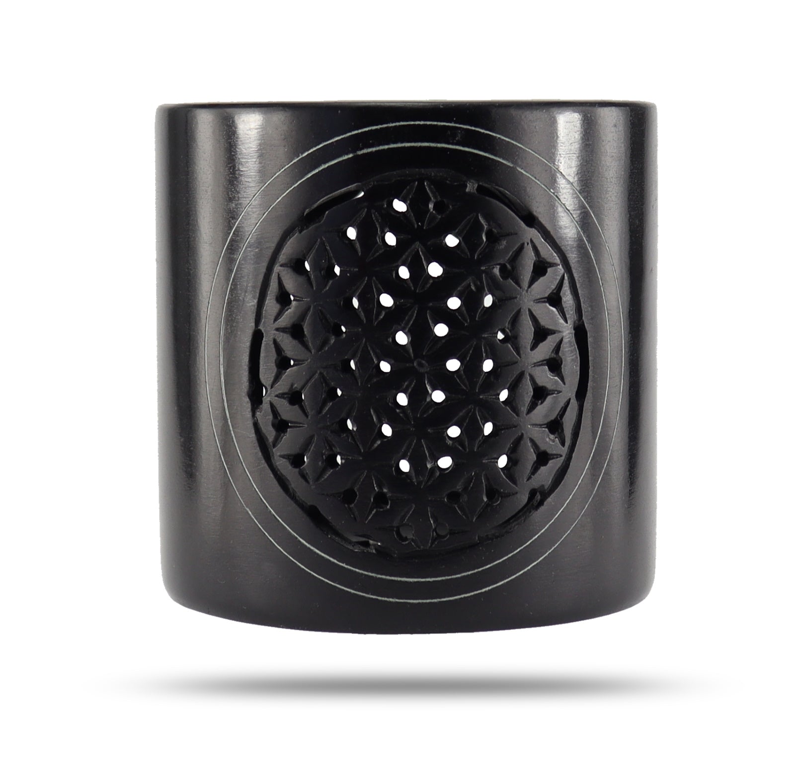 Räucherstövchen aus Speckstein Blume des Lebens schwarz 10 cm – inkl. Sieb