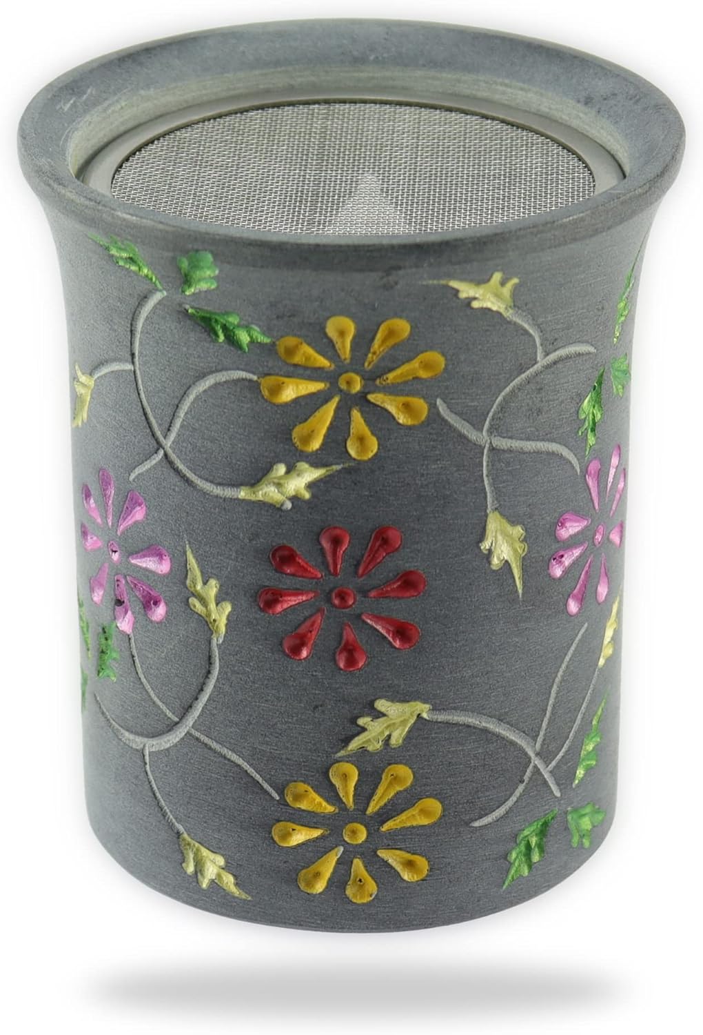 Räucherstövchen aus Speckstein floral bunt 9 cm – Handarbeit inkl. Sieb