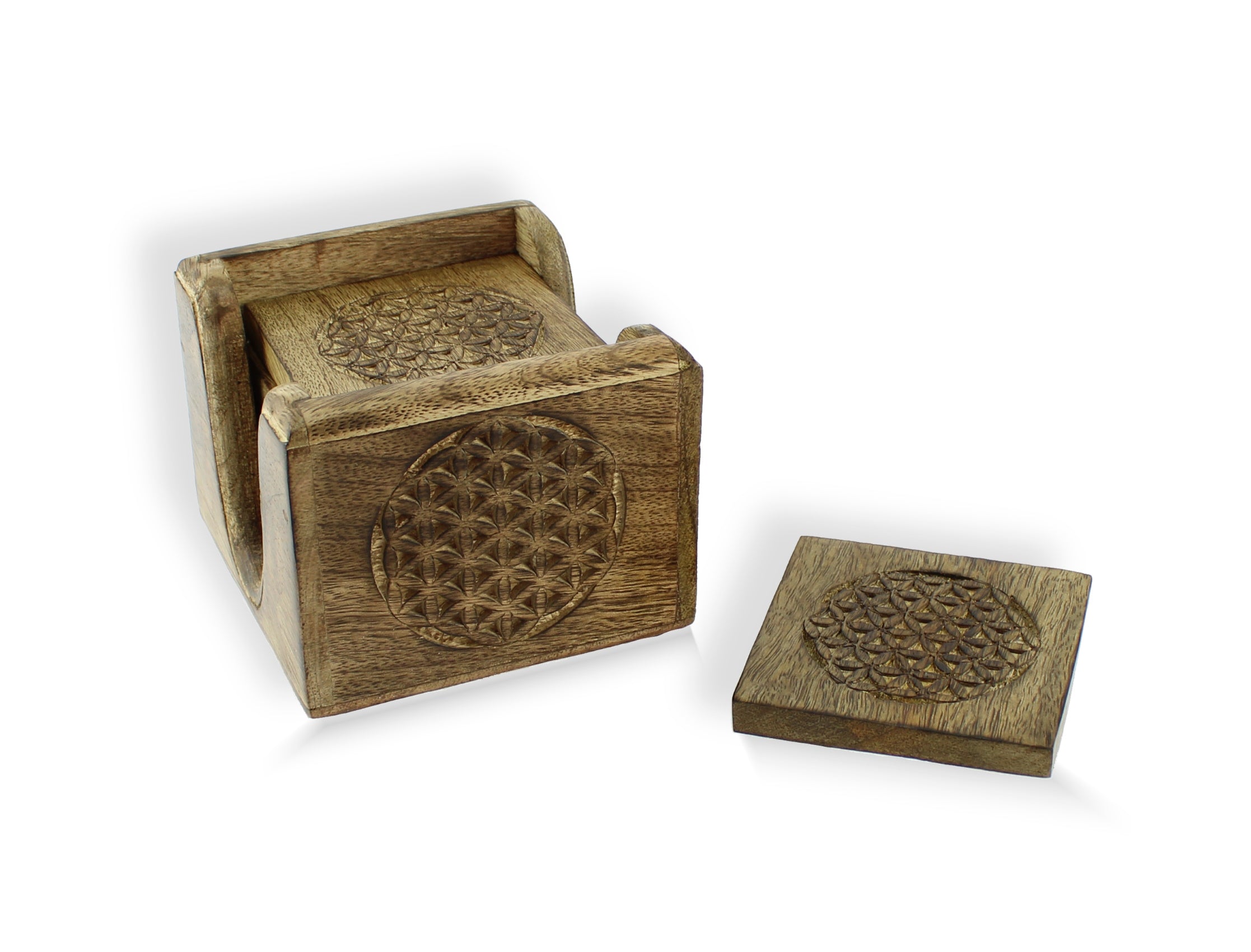 Untersetzer Set aus Mangoholz braun mit Motiv Blume des Lebens inklusive Aufbewahrungsbox