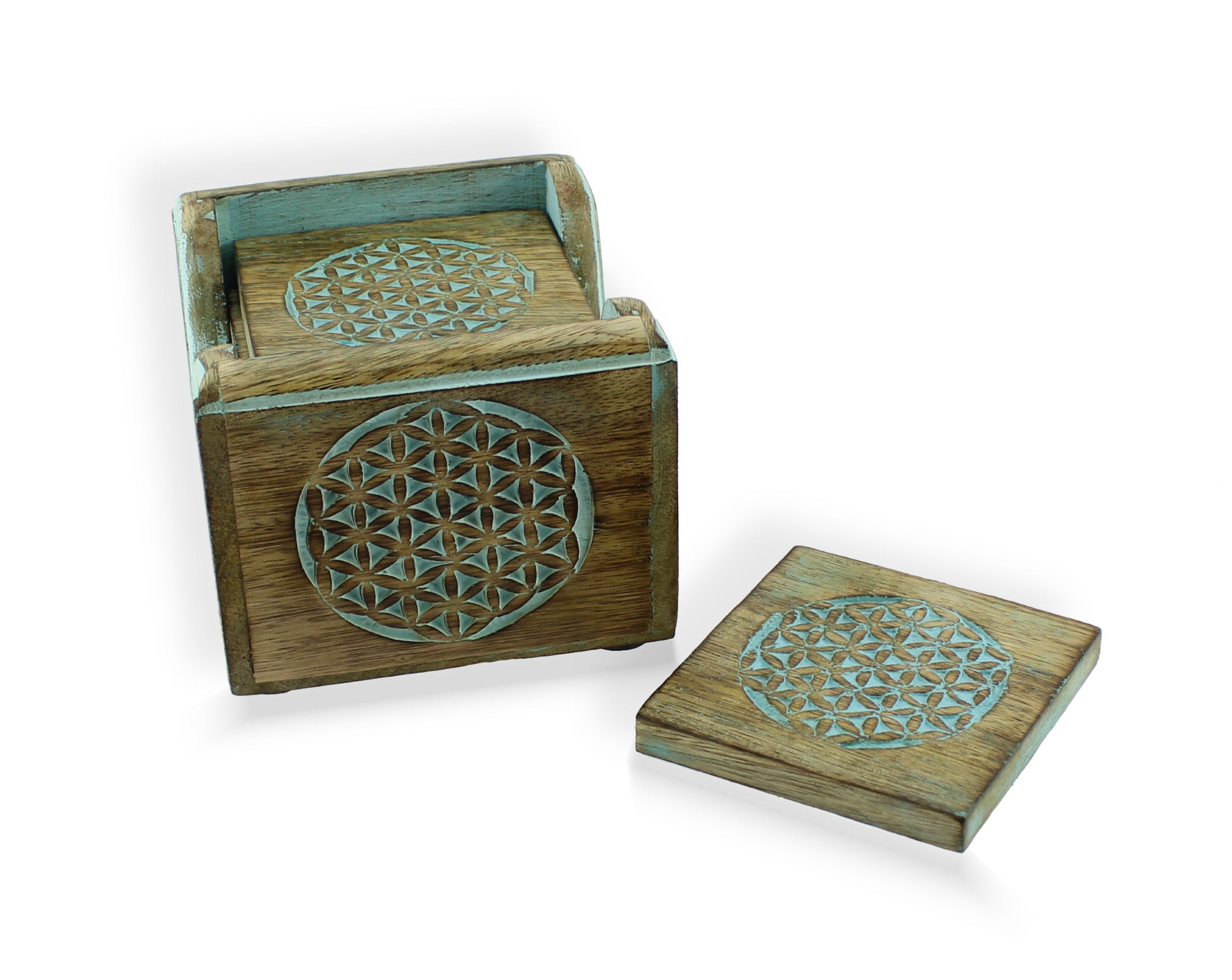 Untersetzer Set aus Mangoholz türkis mit Motiv Blume des Lebens inklusive Aufbewahrungsbox