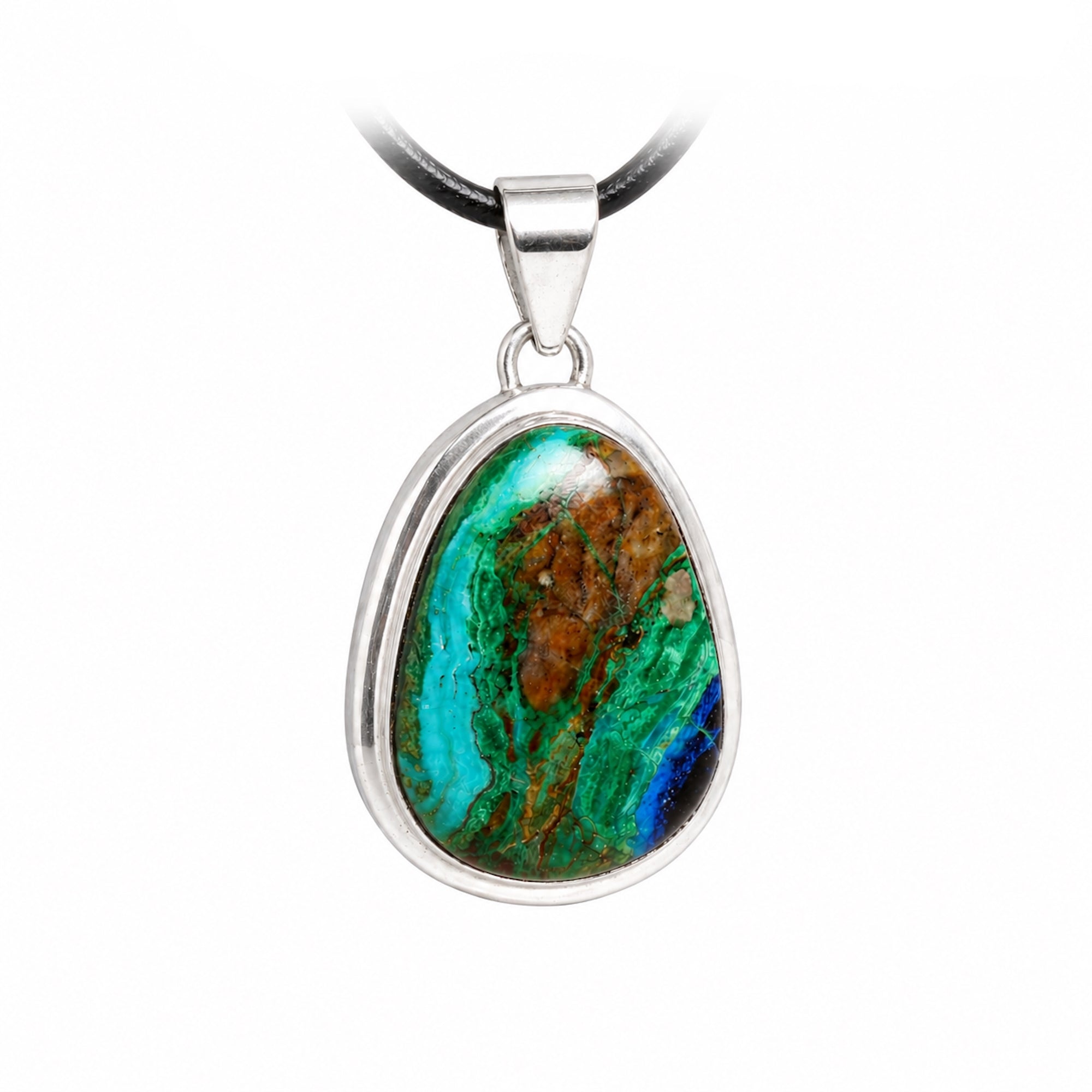 Azurit-Chrysokoll-Malachit Anhänger 925 Silber – Multicolor Blau-Grün-Türkis, Vorderansicht