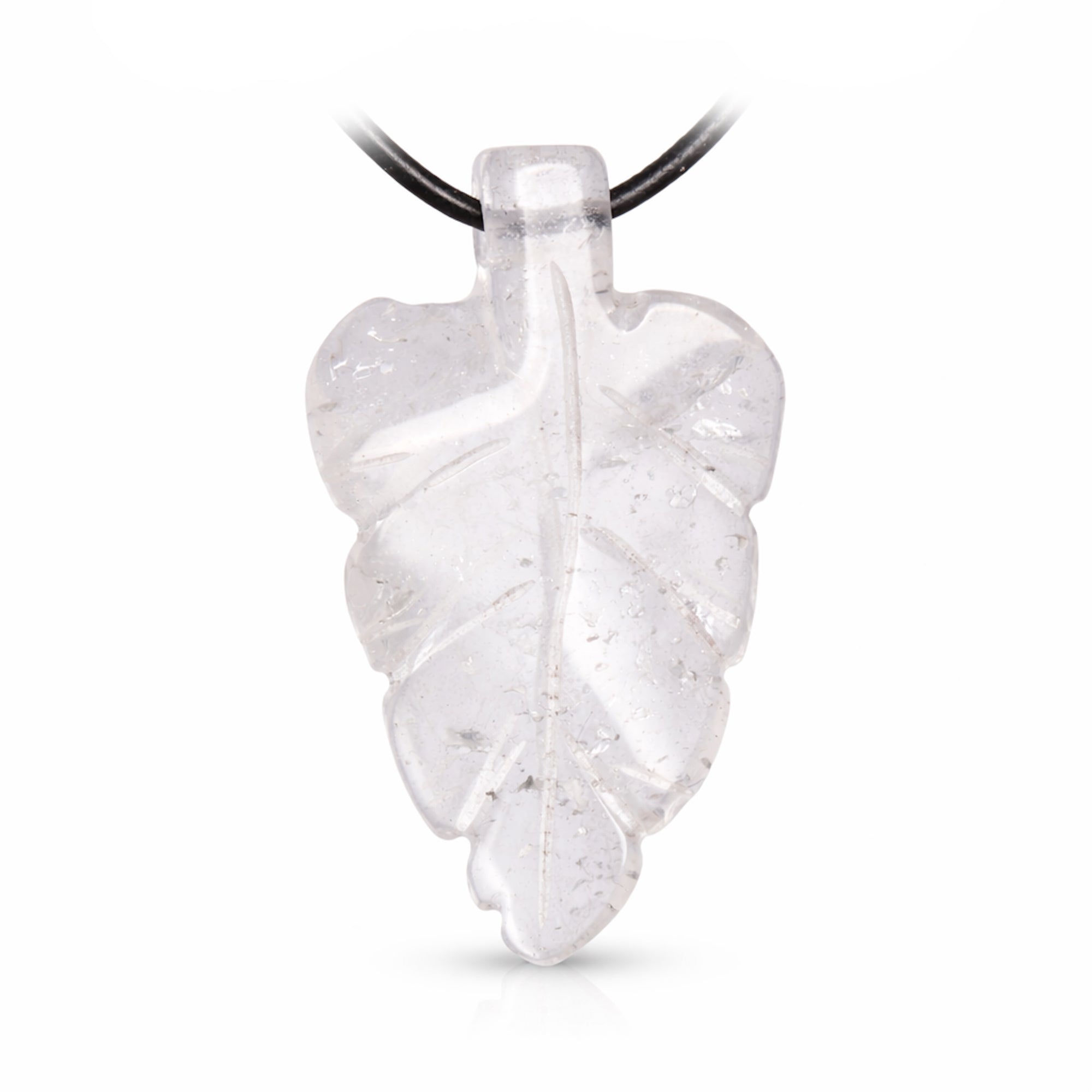 Bergkristall Blatt Anhänger – ca. 44×25 mm, klarer Naturstein, Vorderansicht