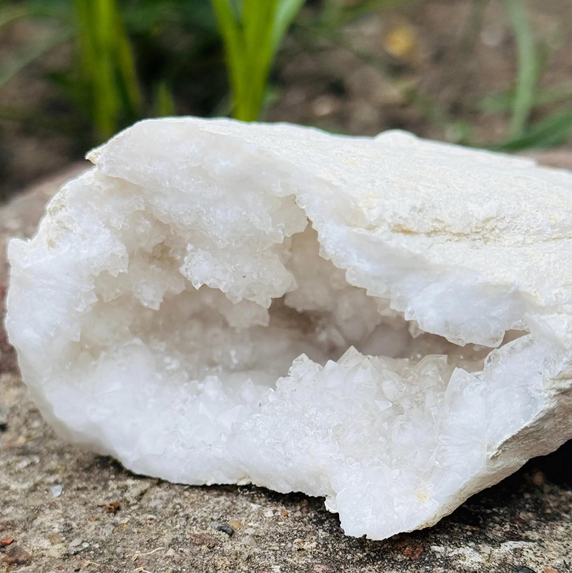 Calcit Geode Nahaufnahme – funkelnde weiße Kristalle im Inneren