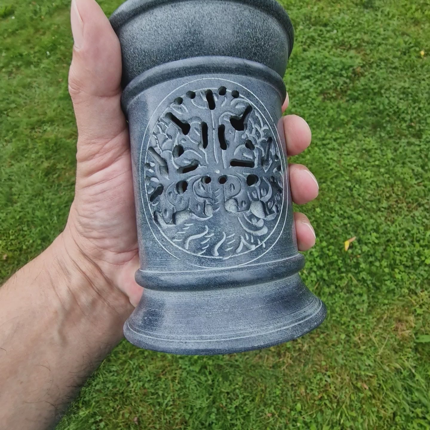 Aroma Duftlampe aus Speckstein mit Schale und Sieb grau Baum des Lebens Räucherstövchen