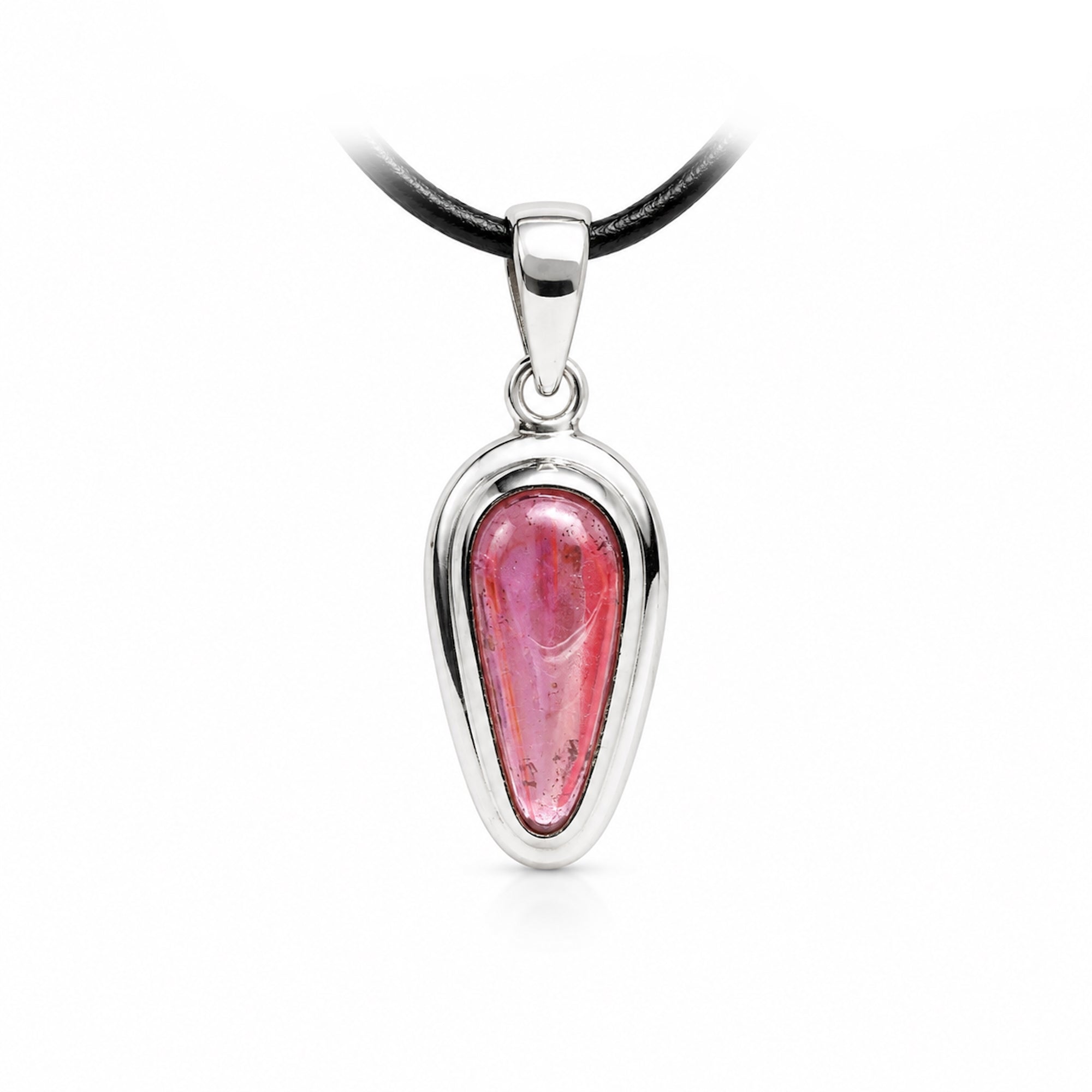 Rosa Turmalin Cabochon Anhänger – 925 Silber breite Fassung, Vorderansicht