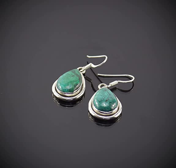 Chrysokoll Ohrringe Ohrhänger 925er Silber Ohrschmuck Ohrstecker Stein Trommelstein Anhänger Silberhänger Silberstecker Edelstein Heilstein Schmuckstein Schmuck Rohstein Rohstück Kettenschmuck Glücksstein Schutzstein Geschenk Set