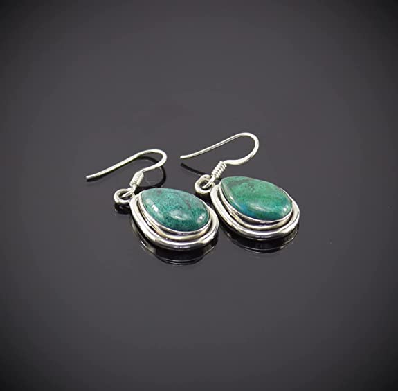 Chrysokoll Ohrringe Ohrhänger 925er Silber Ohrschmuck Ohrstecker Stein Trommelstein Anhänger Silberhänger Silberstecker Edelstein Heilstein Schmuckstein Schmuck Rohstein Rohstück Kettenschmuck Glücksstein Schutzstein Geschenk Set