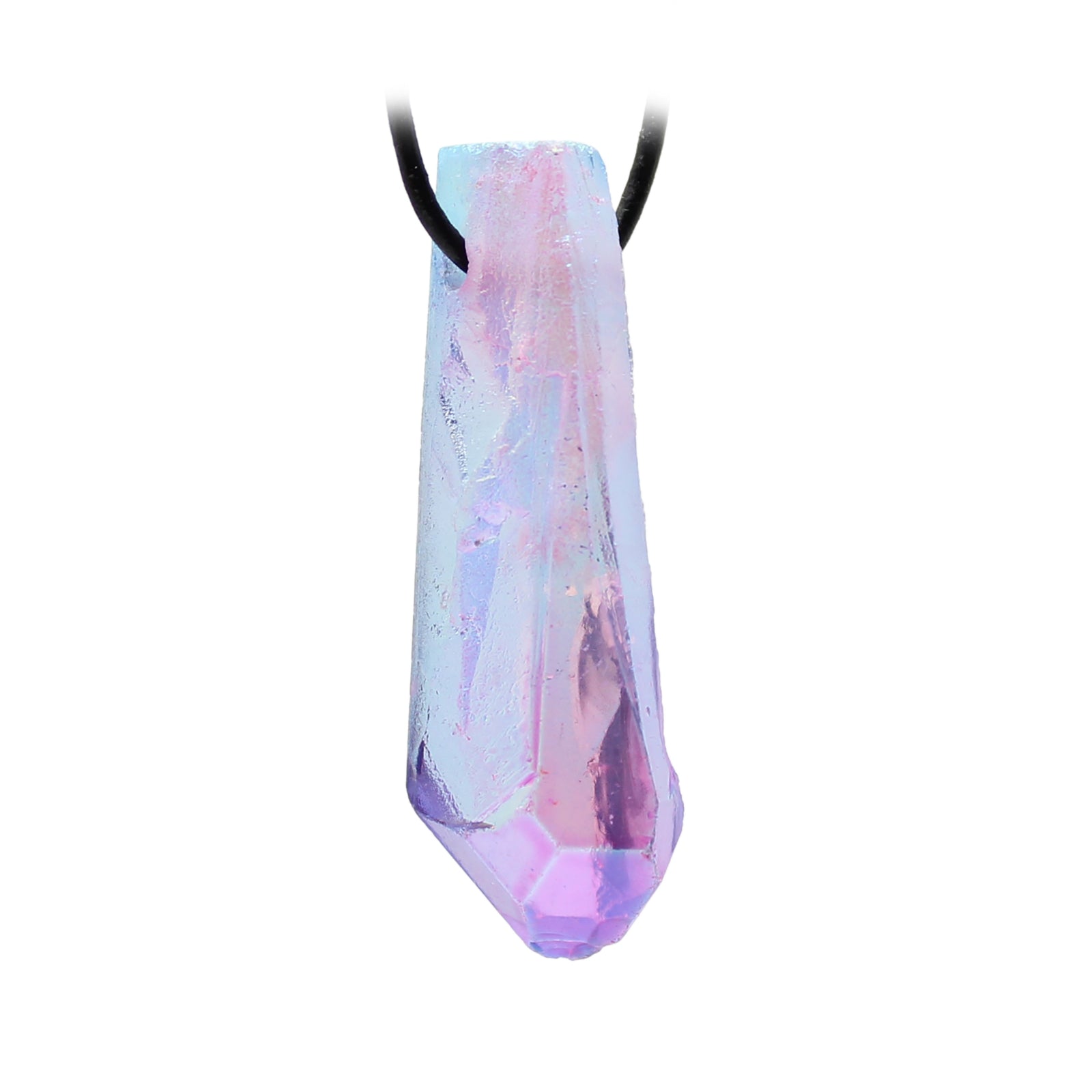 Aqua Aura (Bergkristall bedampft) Anhänger Spitze Kettenanhänger mit Lederband Halskettenanhänger Kettenschmuck Stein Trommelstein Doppelspitze Doppelender Vogelkristall Edelstein Heilstein Rohstein Rohstück Halsschmuck Halskettenschmuck Schmuckstein Kristall Kristallspitze Kristallschmuck Bergkristallspitze
