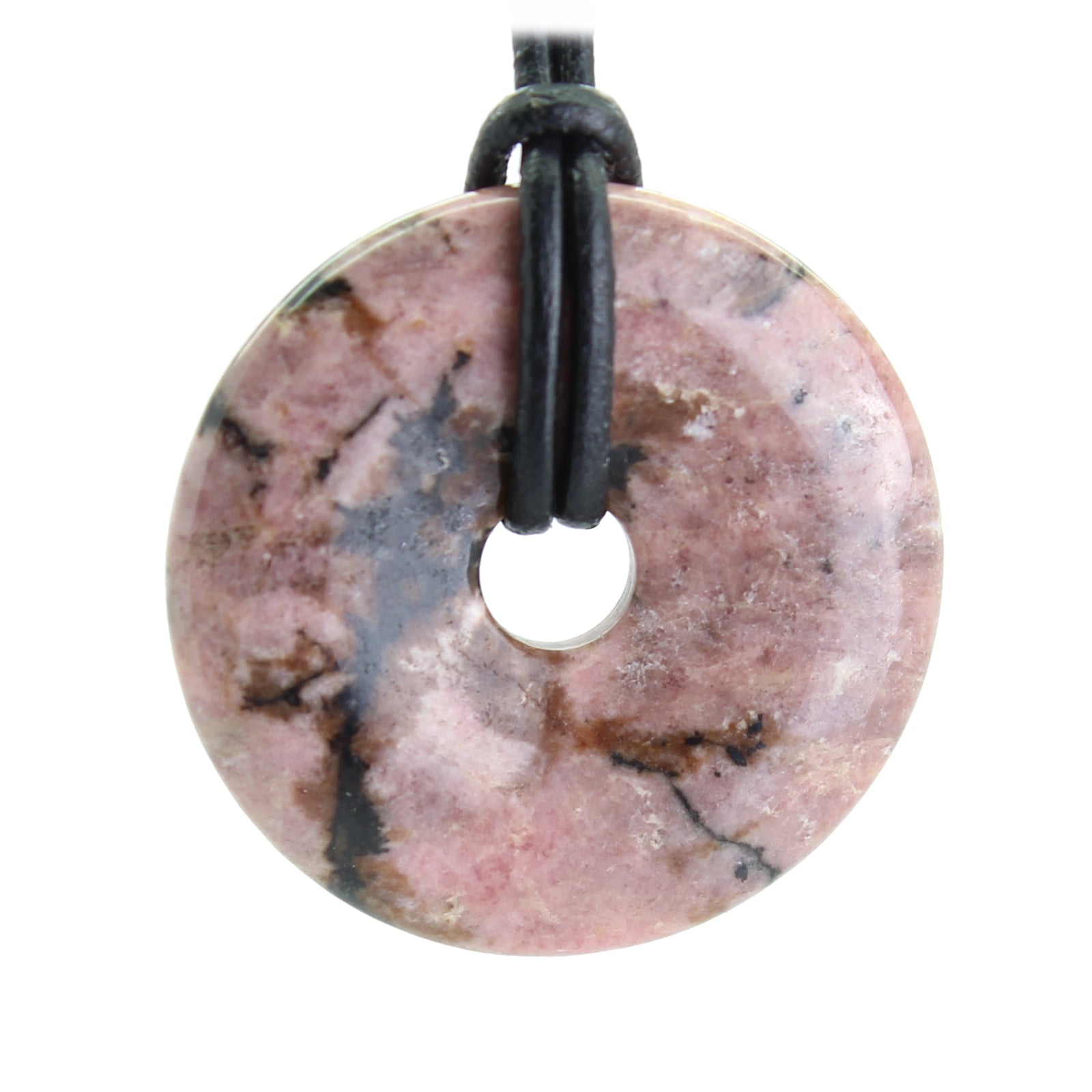 Rhodonit Donut Anhänger Kettenanhänger 30 mm mit Lederband Halskettenanhänger Kettenschmuck Stein Trommelstein Anhänger Schmuck Schmuckstein Rohstein Rohstück Edelstein Heilstein Silberanhänger Silberschmuck Schutzstein Glücksstein