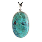 Chrysokoll Shattuckit Anhänger Kettenanhänger 925er Silber Schmuck Halskettenanhänger Kettenschmuck Stein Trommelstein Rohstein Rohstück Edelstein Heilstein Lochstein Schmuck Naturstein Halsschmuck Silberschmuck Dekostein Dekostück Collier Halskette Schmuckstein Schmuckanhänger Glücksstein Schutzstein