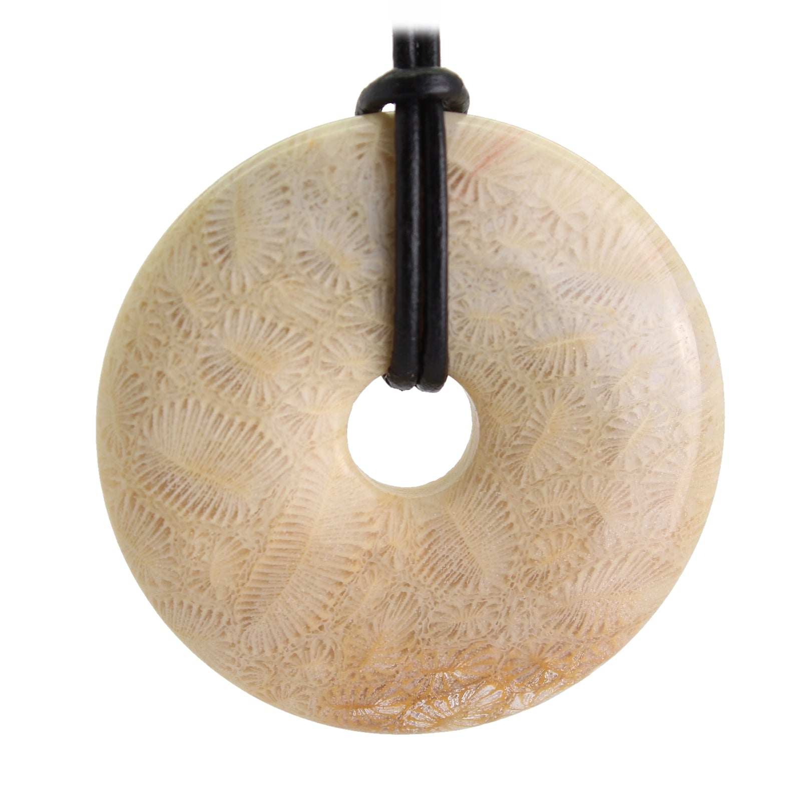 Fossile versteinerte Koralle Donut Anhänger Kettenanhänger 40 mm mit Lederband Halskettenanhänger Kettenschmuck Stein Trommelstein Anhänger Schmuck Schmuckstein Rohstein Rohstück Edelstein Heilstein Silberanhänger Silberschmuck Schutzstein Glücksstein